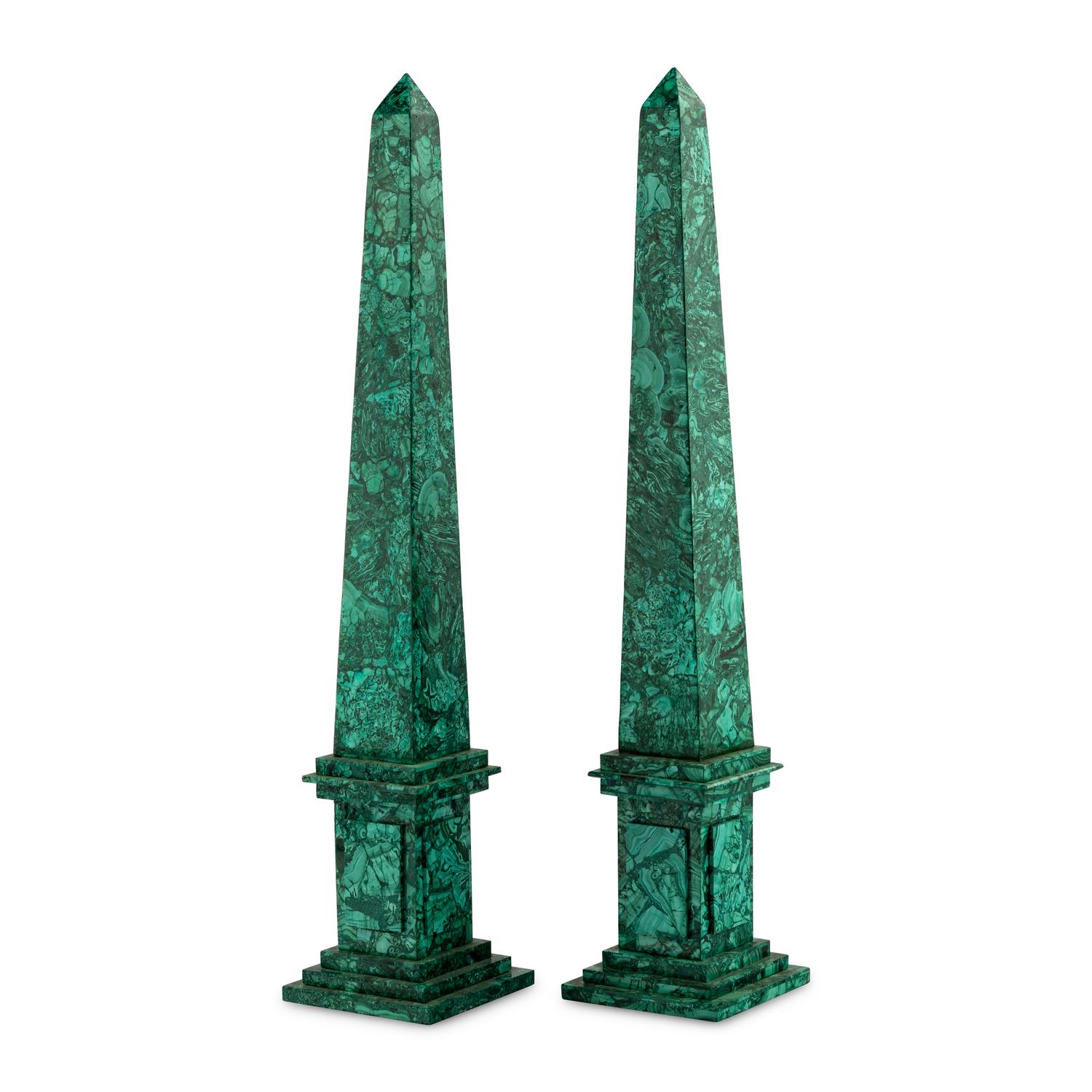 A Pair of Malachite Veneered Obelisks