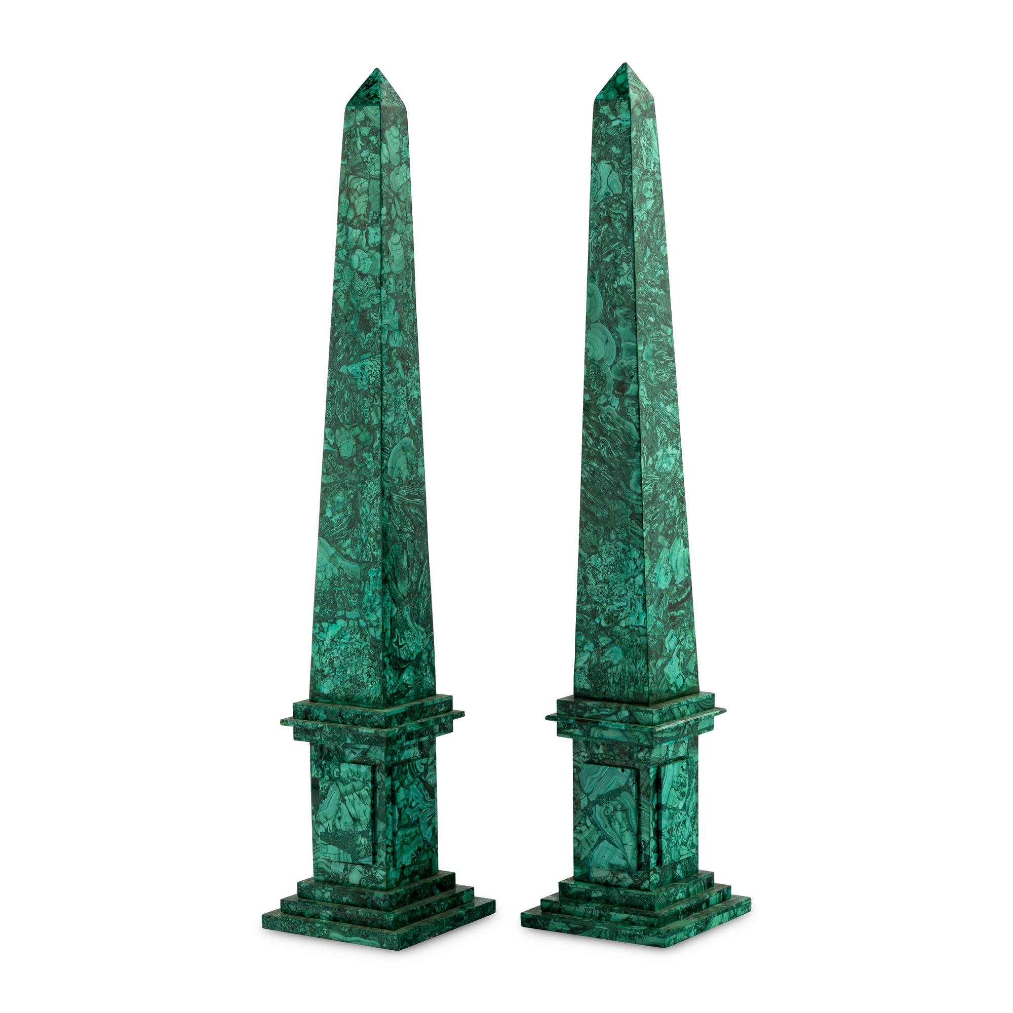 A Pair of Malachite Veneered Obelisks