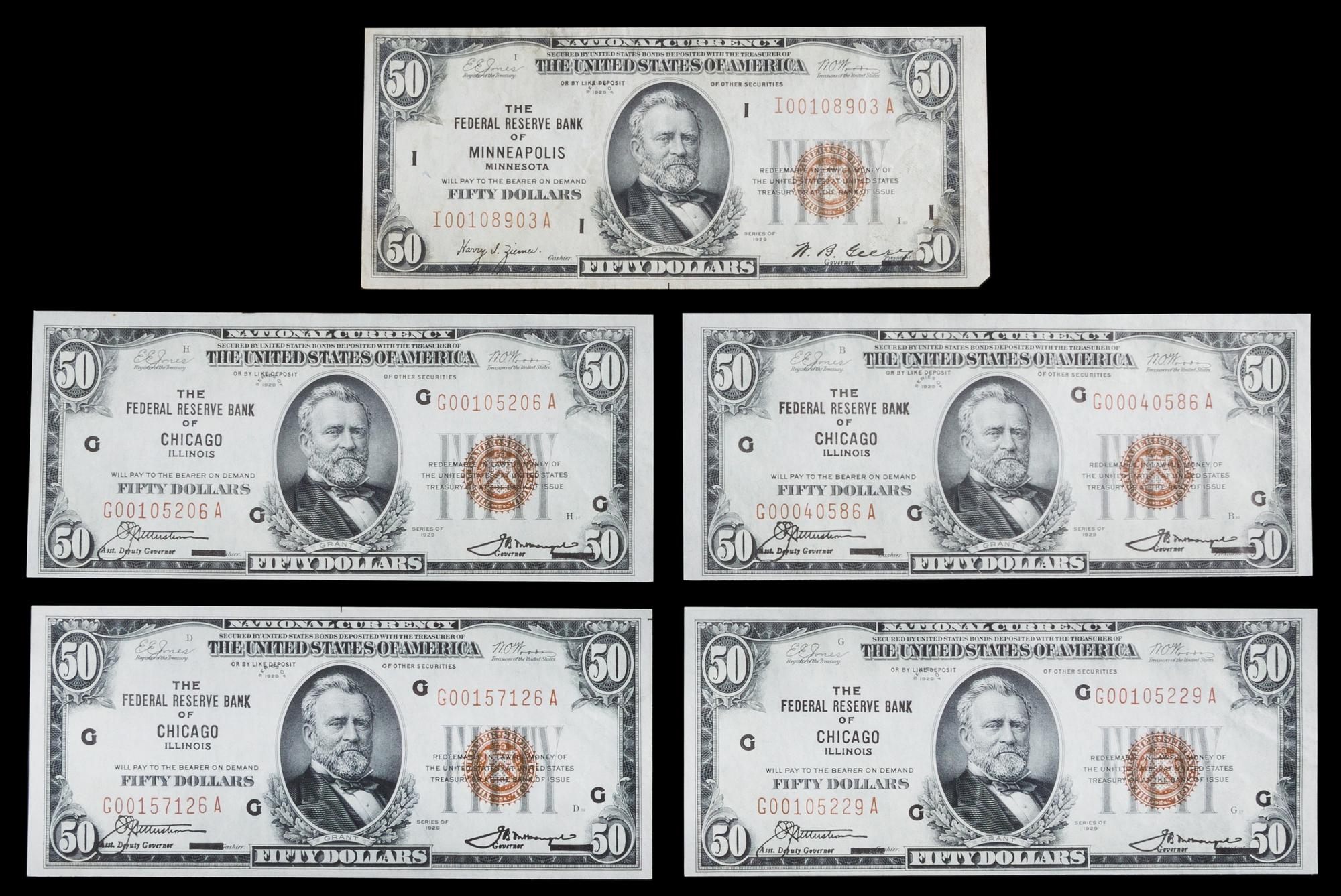Five United States 1929 $50 Federal Reserve Bank Notes