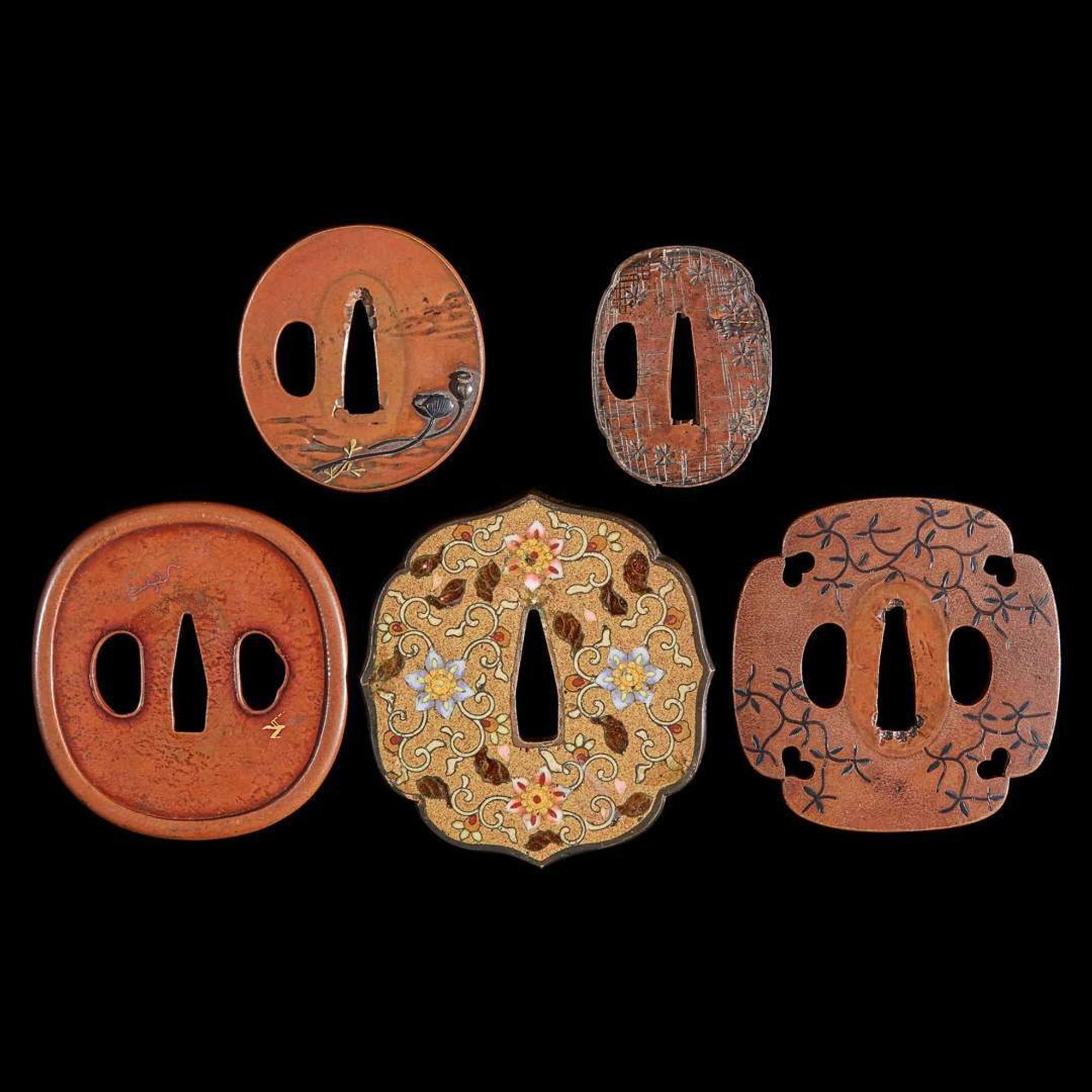 Four Japanese soft metal and one cloisonne tsuba 日本金属刀镡四件以及珐琅刀镡一件 19th century ????