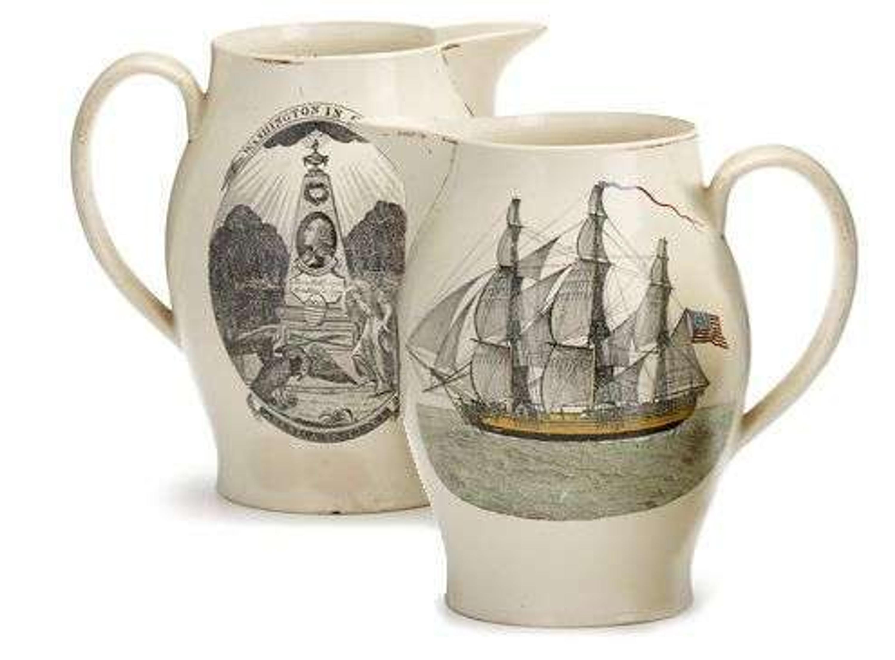 Transfer-printed and enameled creamware presentation jug early 19th century