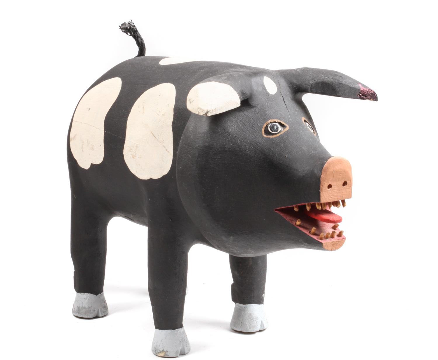 Two New Mexican Painted and Carved Wood Folk Art Pigs Height of larger 17 x length 19 inches