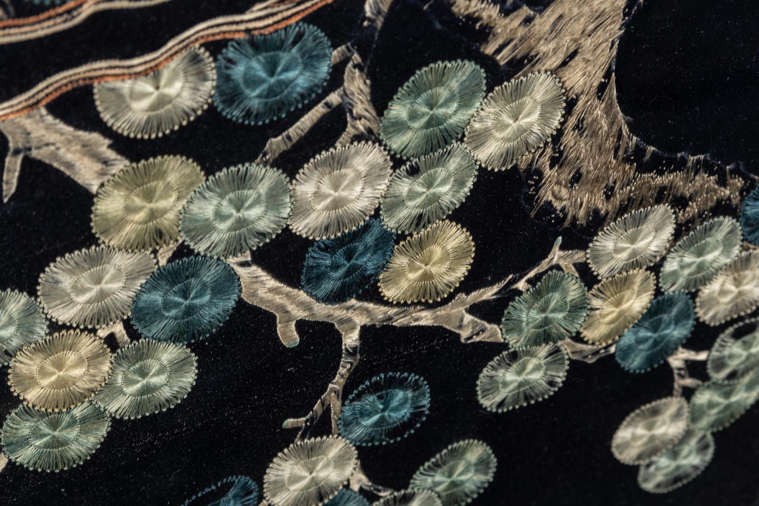 A Large Midnight Blue Satin Ground Embroidered Silk Panel