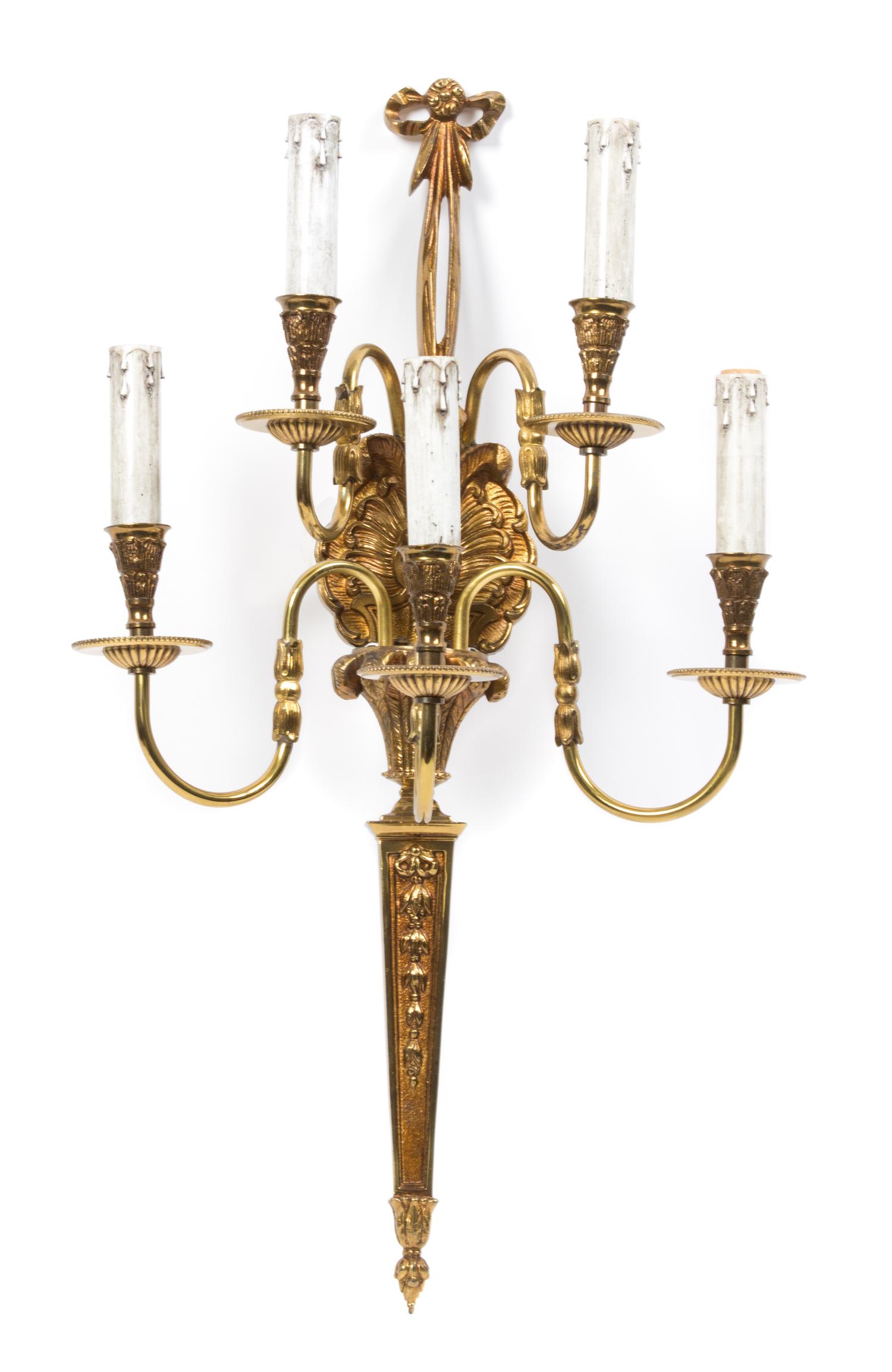 Four Louis XVI Style Gilt Bronze Five-Light Wall Sconces Height 24 inches. — 19TH CENTURY