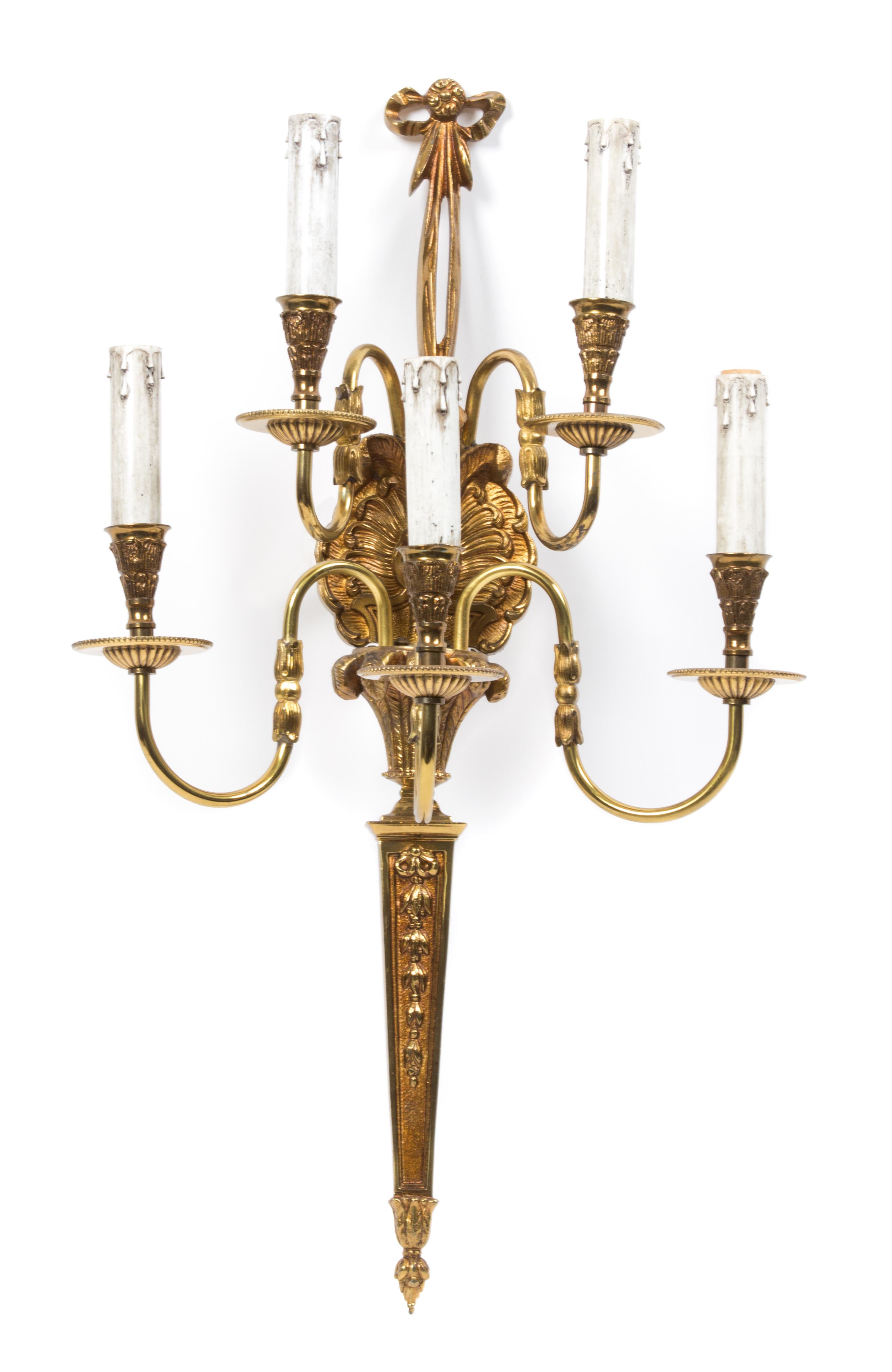 Four Louis XVI Style Gilt Bronze Five-Light Wall Sconces Height 24 inches. — 19TH CENTURY