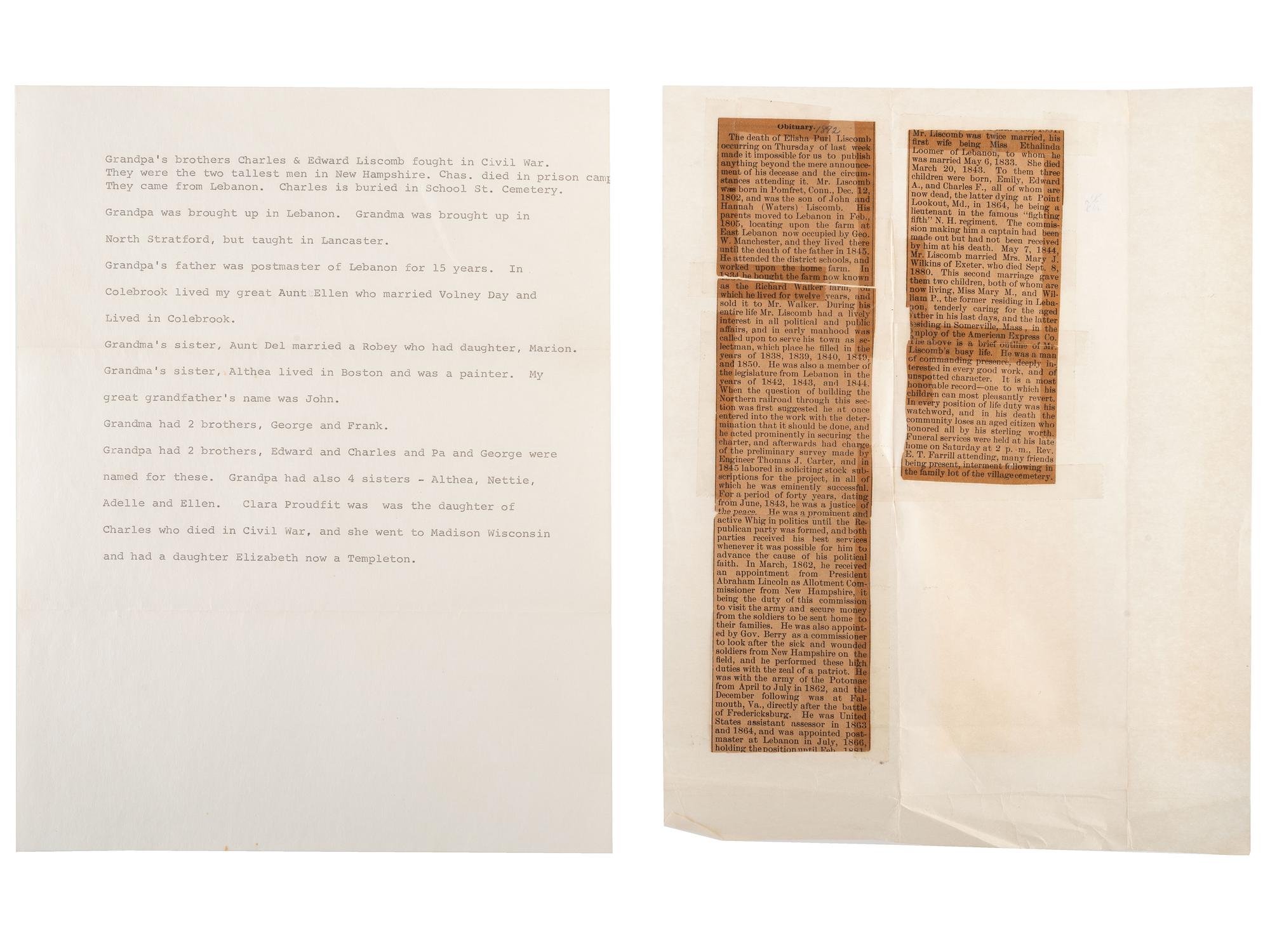 [CIVIL WAR]. New Hampshire 5th Infantry collection, identified to Charles F. Liscomb, WIA Antietam.