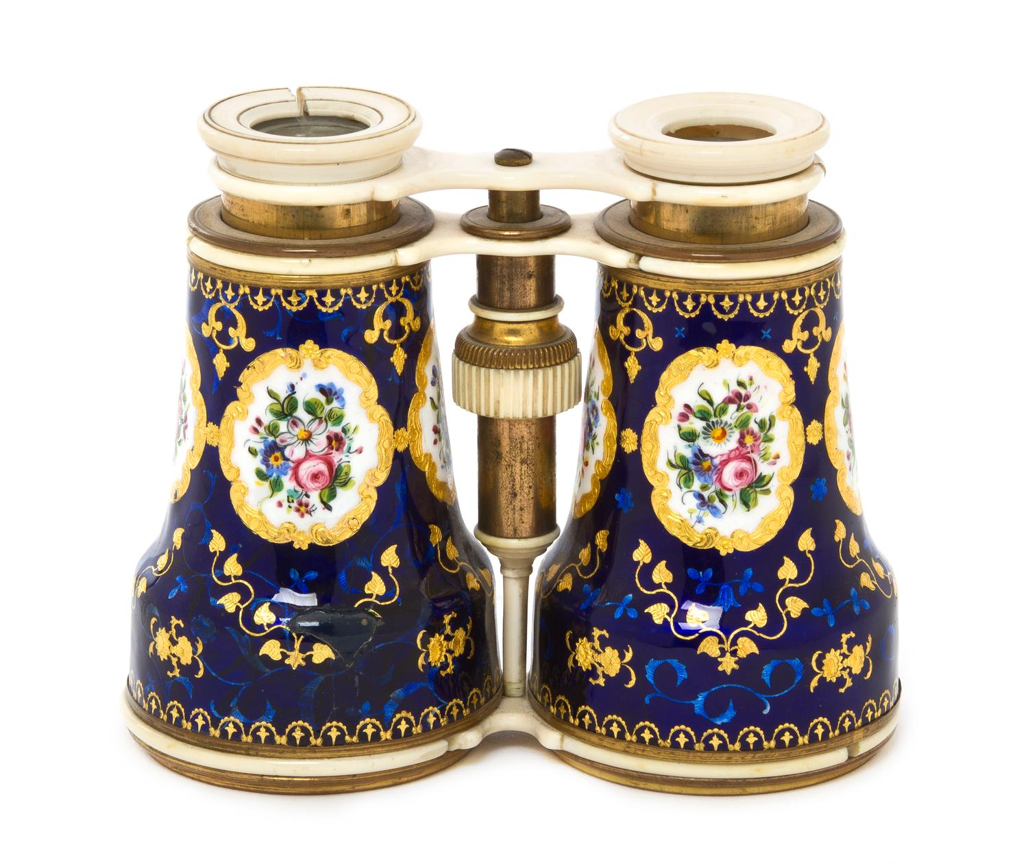 A Pair of French Enameled and Ivory Inset Opera Glasses, Width 4 7/8 inches.