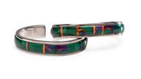 Sterling Silver Cuff Bracelets, with Malachite, Sugilite, and Spiny Oyster Mosaic Inlay, Matching Pair Lot is located and will ship from Denver, Colorado.