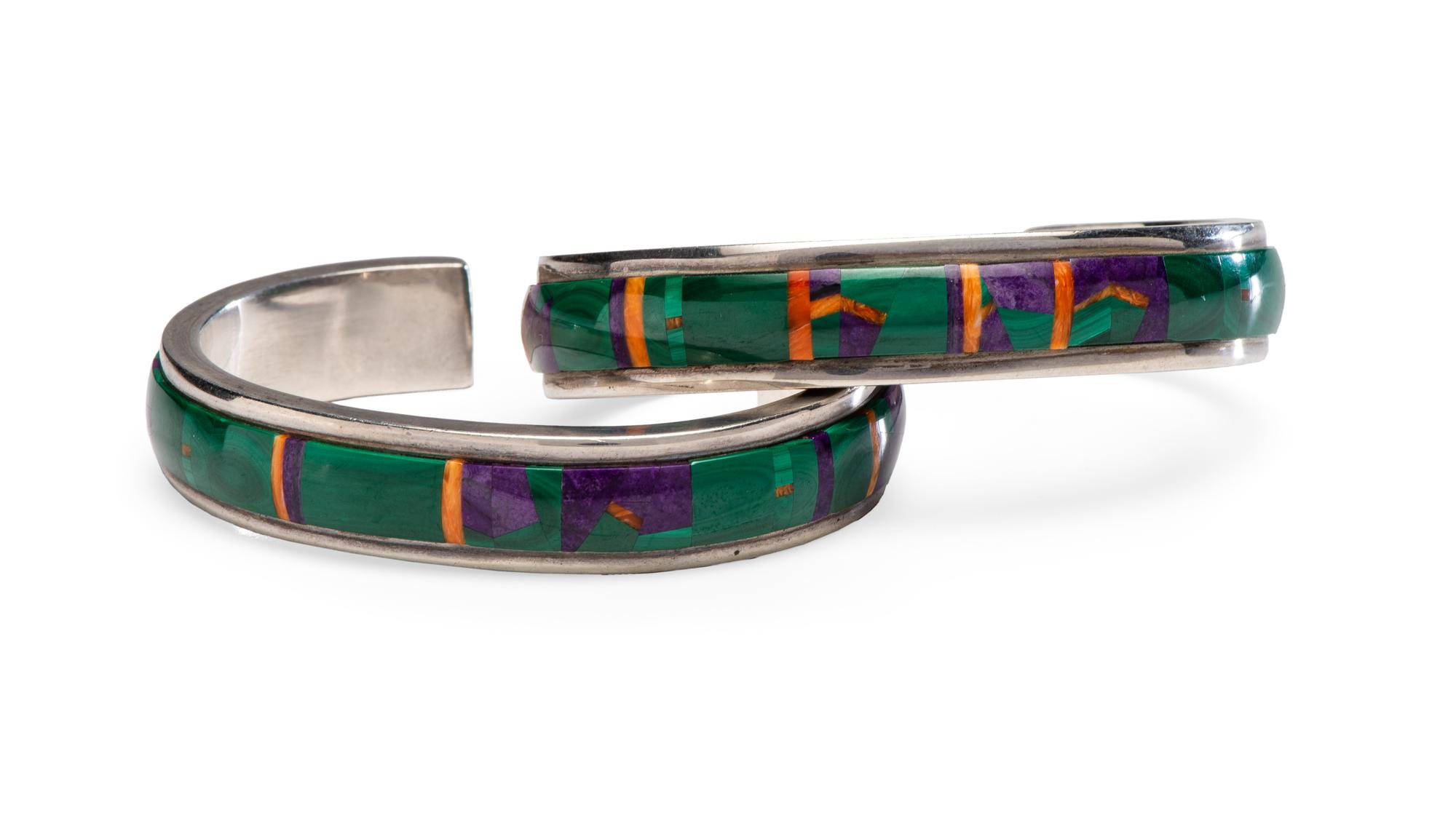 Sterling Silver Cuff Bracelets, with Malachite, Sugilite, and Spiny Oyster Mosaic Inlay, Matching Pair Lot is located and will ship from Denver, Colorado.
