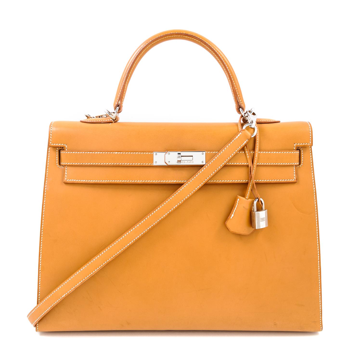 An Hermes Brick Calf Box Leather Sellier 32cm Kelly Handbag, 12.5" x 5" x 9.5"; Handle drop: 4".