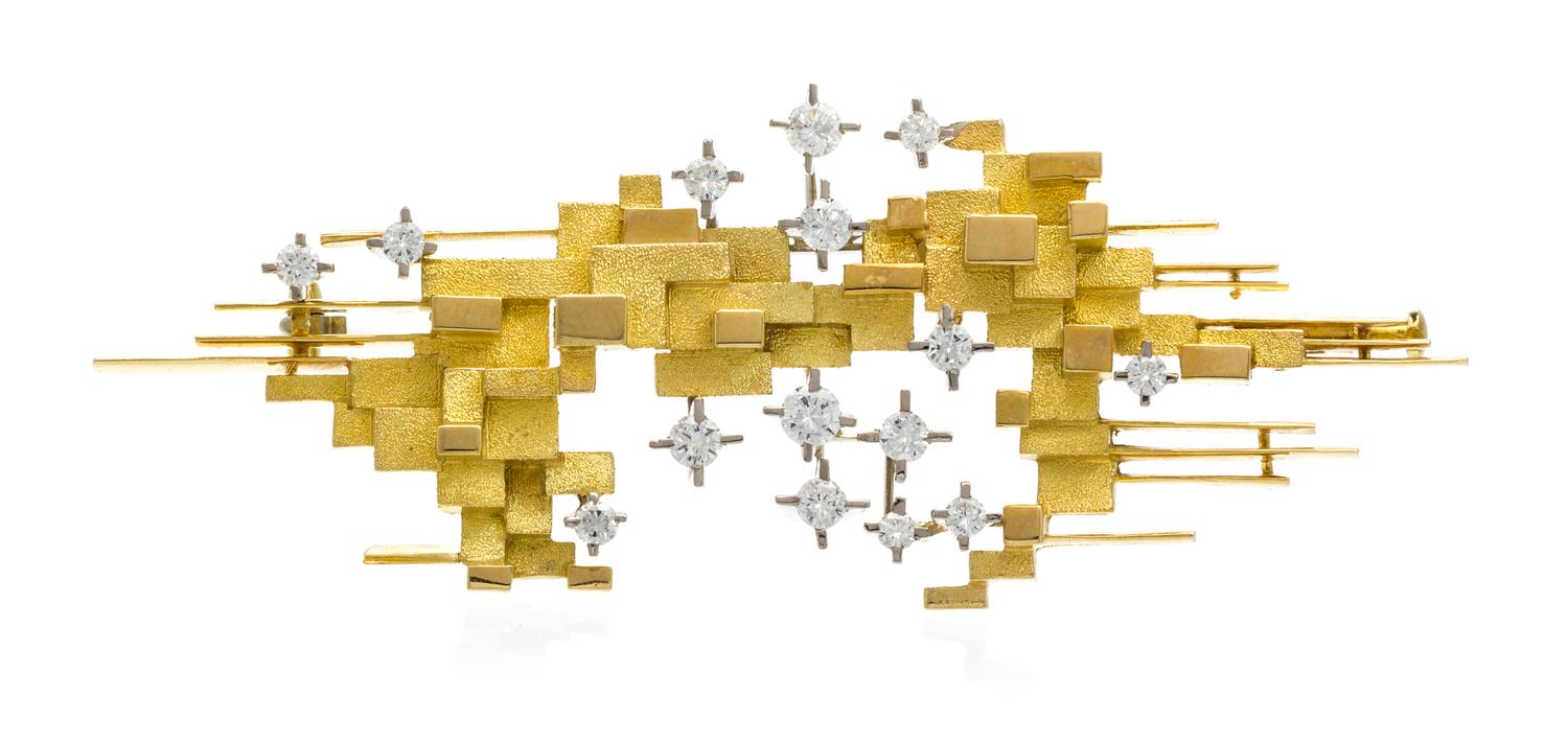A Modernist 18 Karat Gold and Diamond Brooch, Swiss, 14.50 dwts.