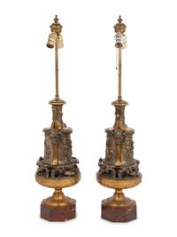 A Pair of French Gilt and Silvered Bronze and Marble Urns Mounted as Lamps with Shades