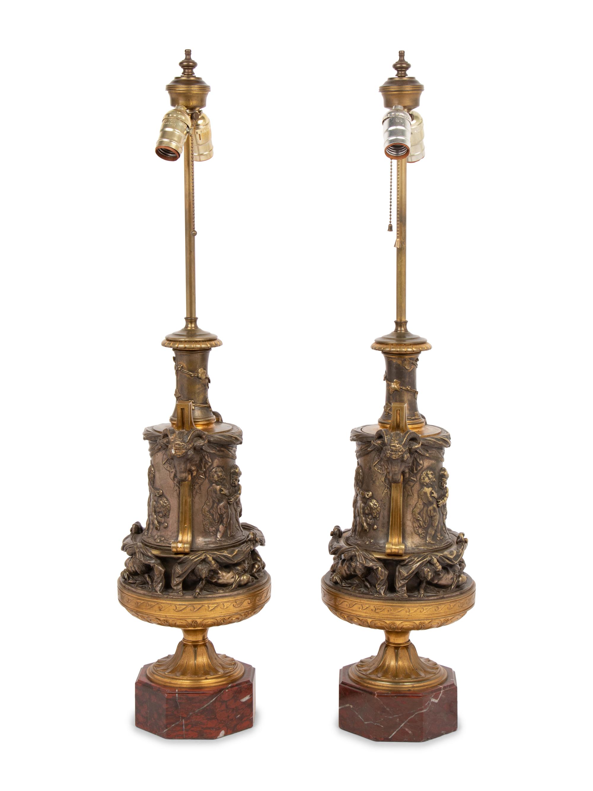 A Pair of French Gilt and Silvered Bronze and Marble Urns Mounted as Lamps with Shades