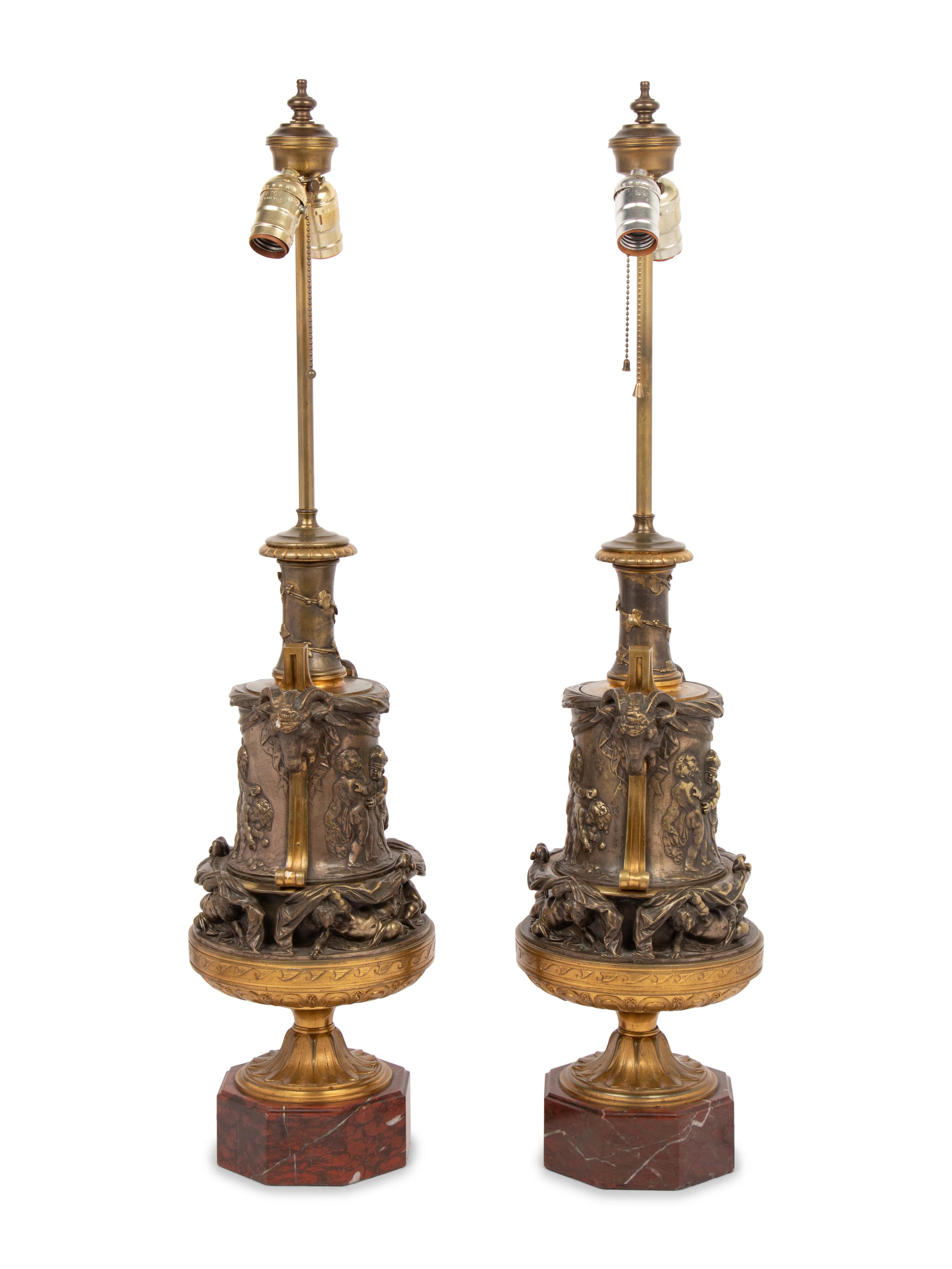 A Pair of French Gilt and Silvered Bronze and Marble Urns Mounted as Lamps with Shades