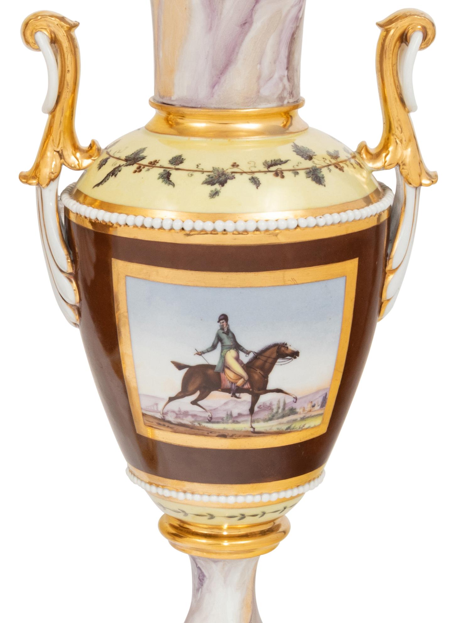 A Pair of Continental Faux Marble, Yellow and Chocolate Brown-Ground Porcelain Vases