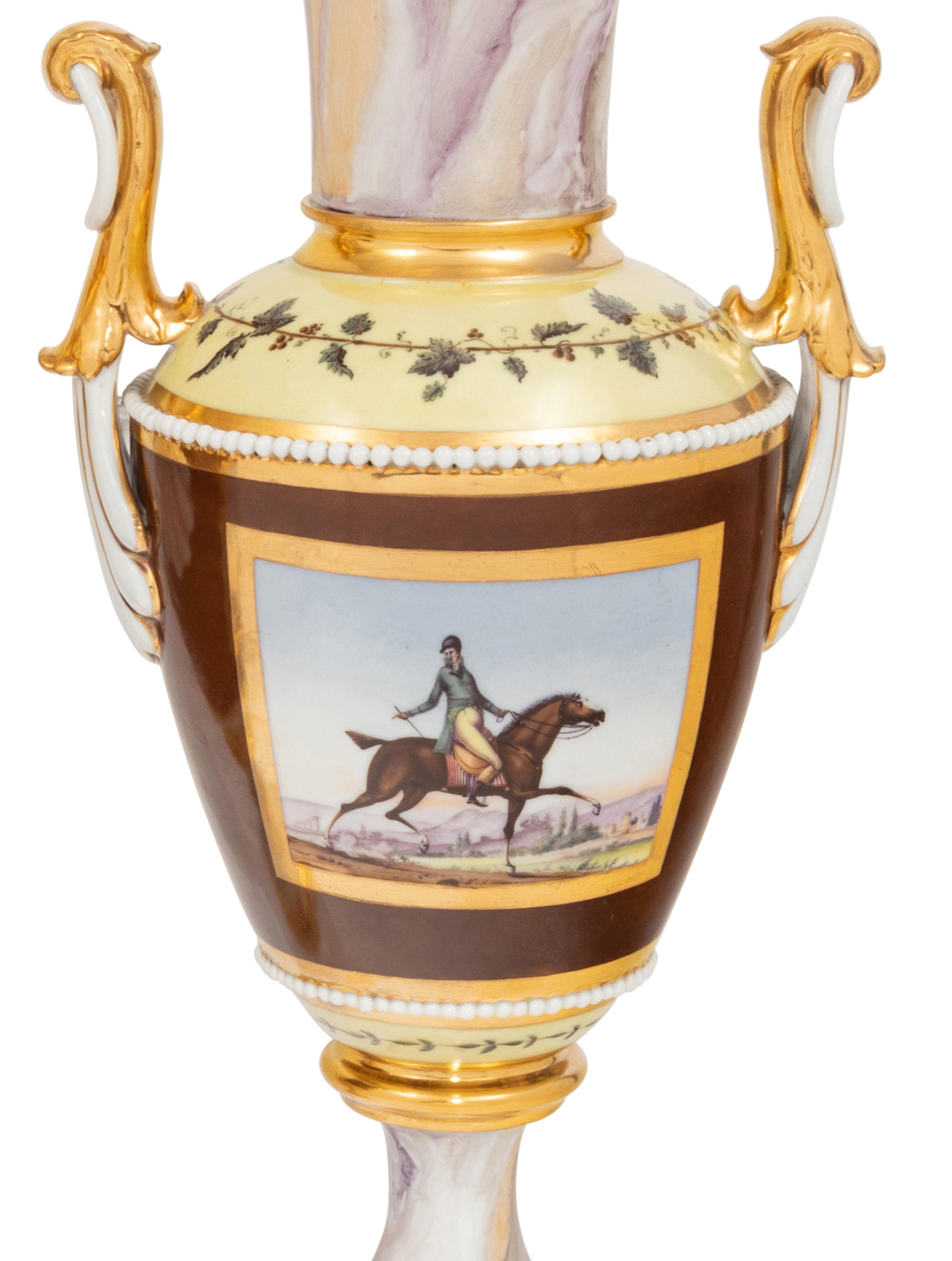 A Pair of Continental Faux Marble, Yellow and Chocolate Brown-Ground Porcelain Vases