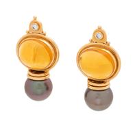 CITRINE, DIAMOND AND TAHITIAN CULTURED PEARL EARCLIPS