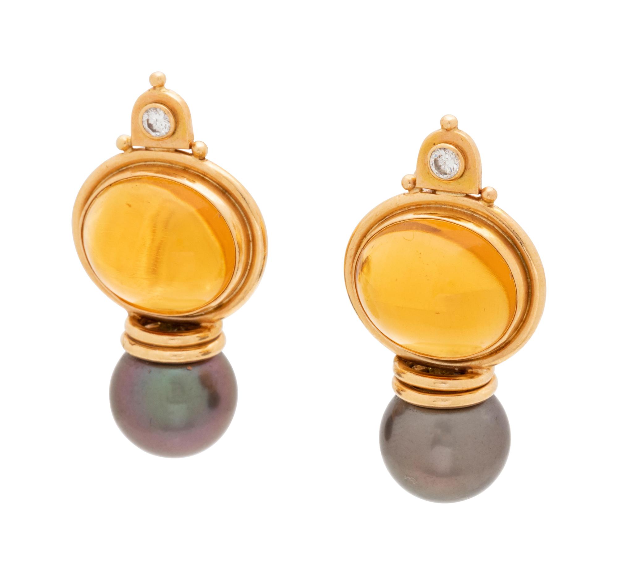 CITRINE, DIAMOND AND TAHITIAN CULTURED PEARL EARCLIPS