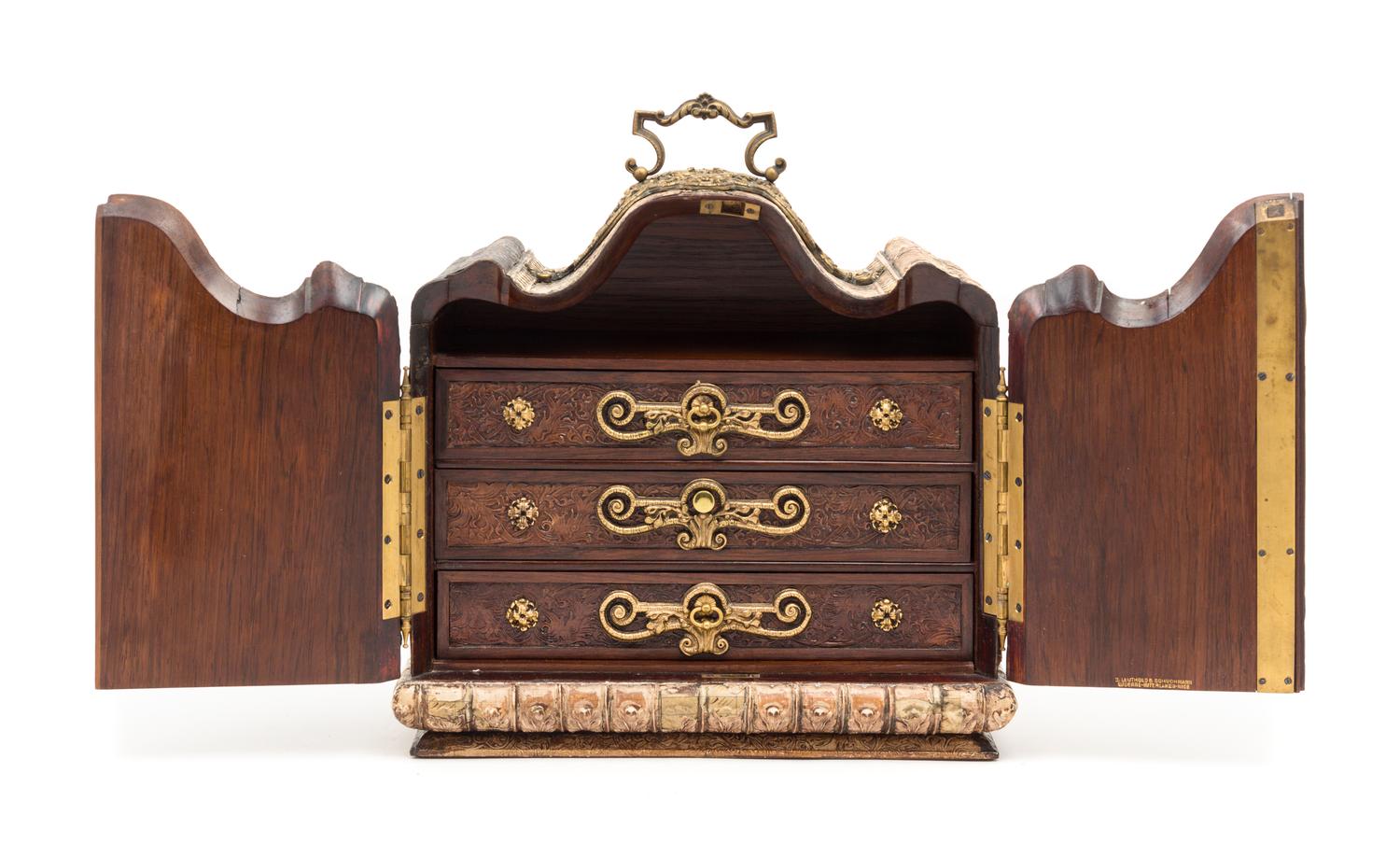 A Swiss Brass Mounted Table Casket Height 13 1/2 x width 12 3/4 inches. — B. LEUTHOLD & SCHUCHMANN