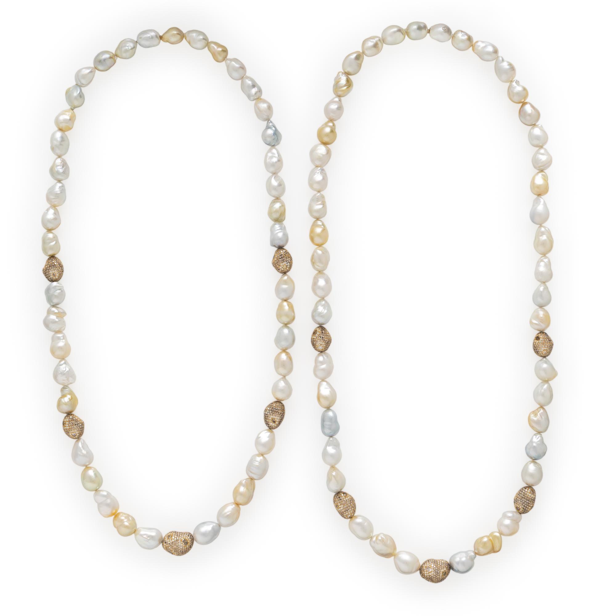 Two Baroque Cultured Pearl, Colored Diamond, and Yellow Gold Necklaces