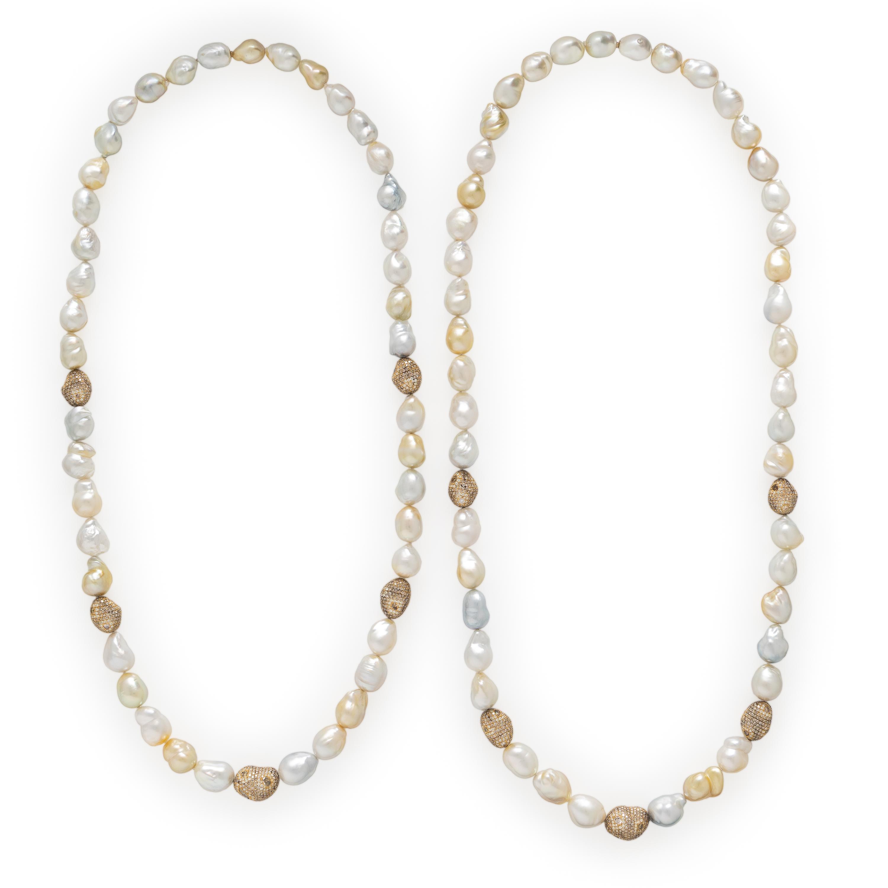 Two Baroque Cultured Pearl, Colored Diamond, and Yellow Gold Necklaces