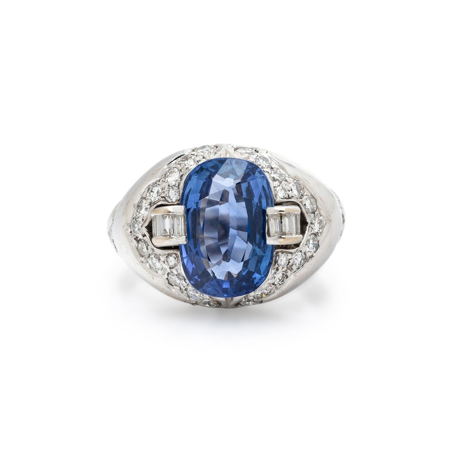 SAPPHIRE, DIAMOND, AND WHITE GOLD RING