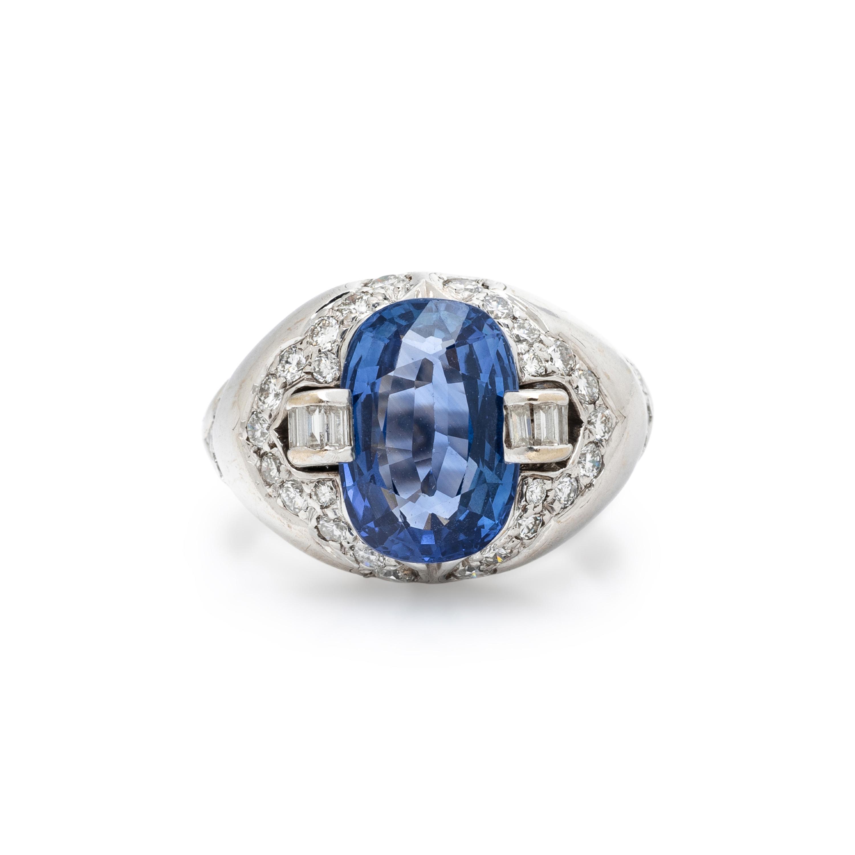 SAPPHIRE, DIAMOND, AND WHITE GOLD RING