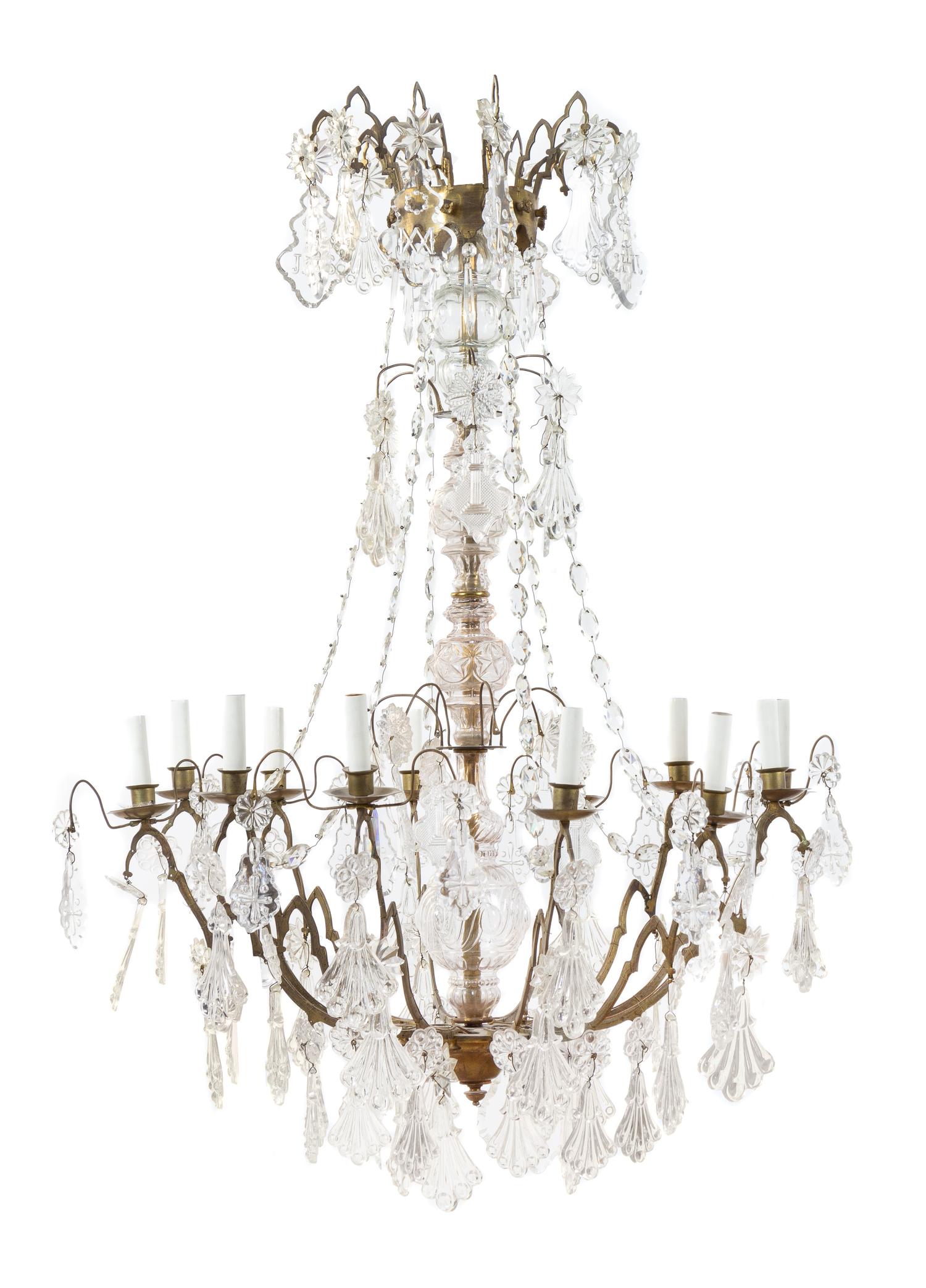 A Gilt Bronze and Cut Glass Twelve-Light Chandelier