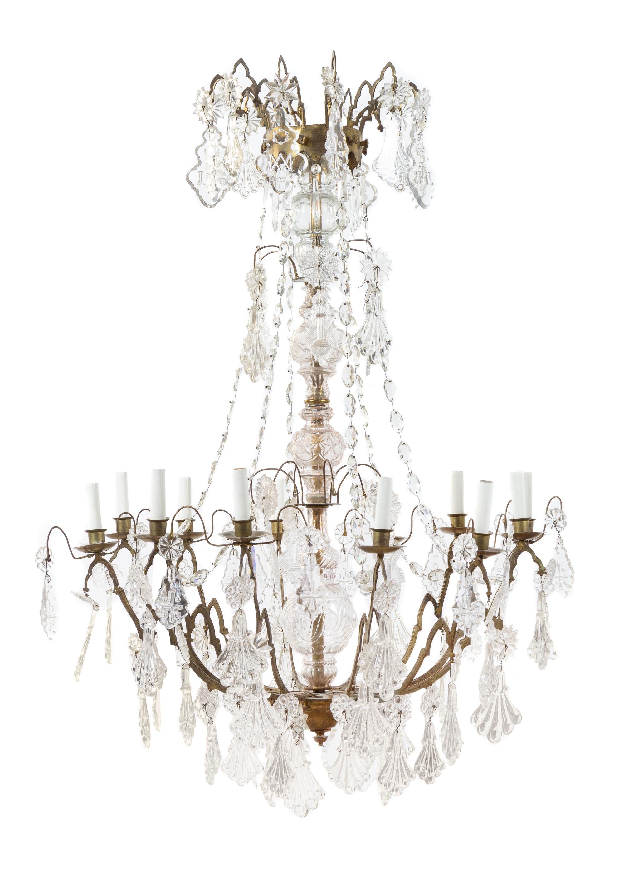 A Gilt Bronze and Cut Glass Twelve-Light Chandelier