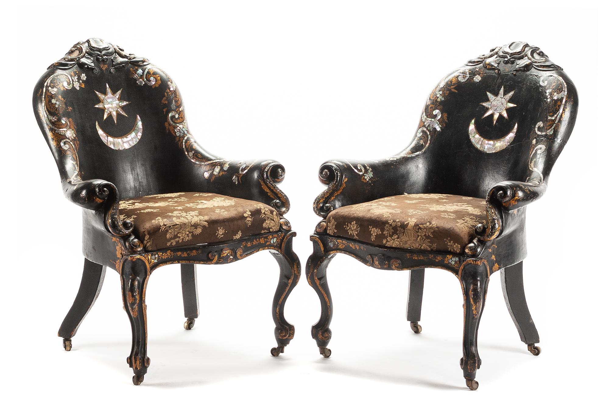 A Pair of Victorian Mother-of-Pearl Inlaid Slipper Chairs Height 33 1/2 inches. — 19TH CENTURY