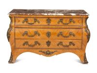 A Louis XV Style Gilt Bronze Mounted Marble-Top Bombe Commode