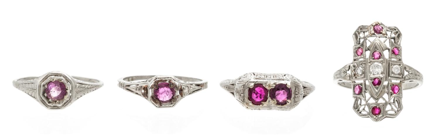 A Collection of Antique White Gold, Platinum, Ruby and Diamond Rings, 7.80 dwts.