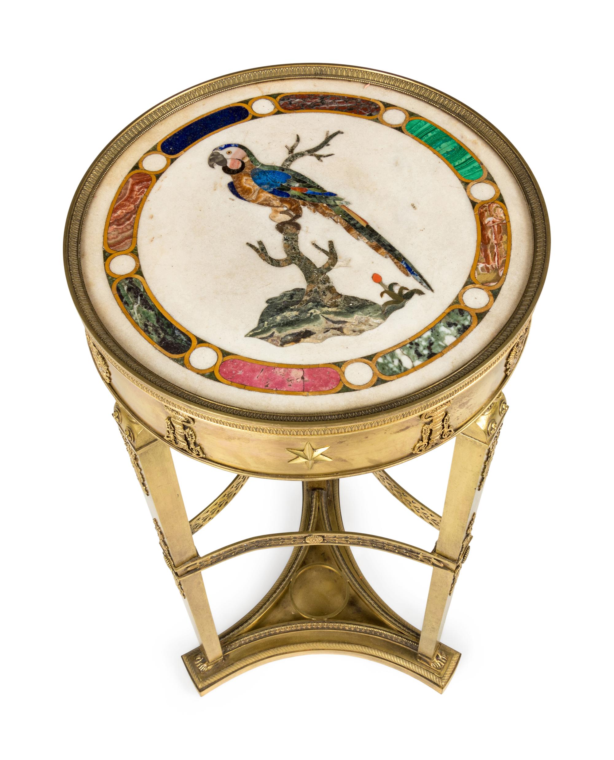 An Italian Neoclassical Gilt Metal and Pietra Dura Inset Table
