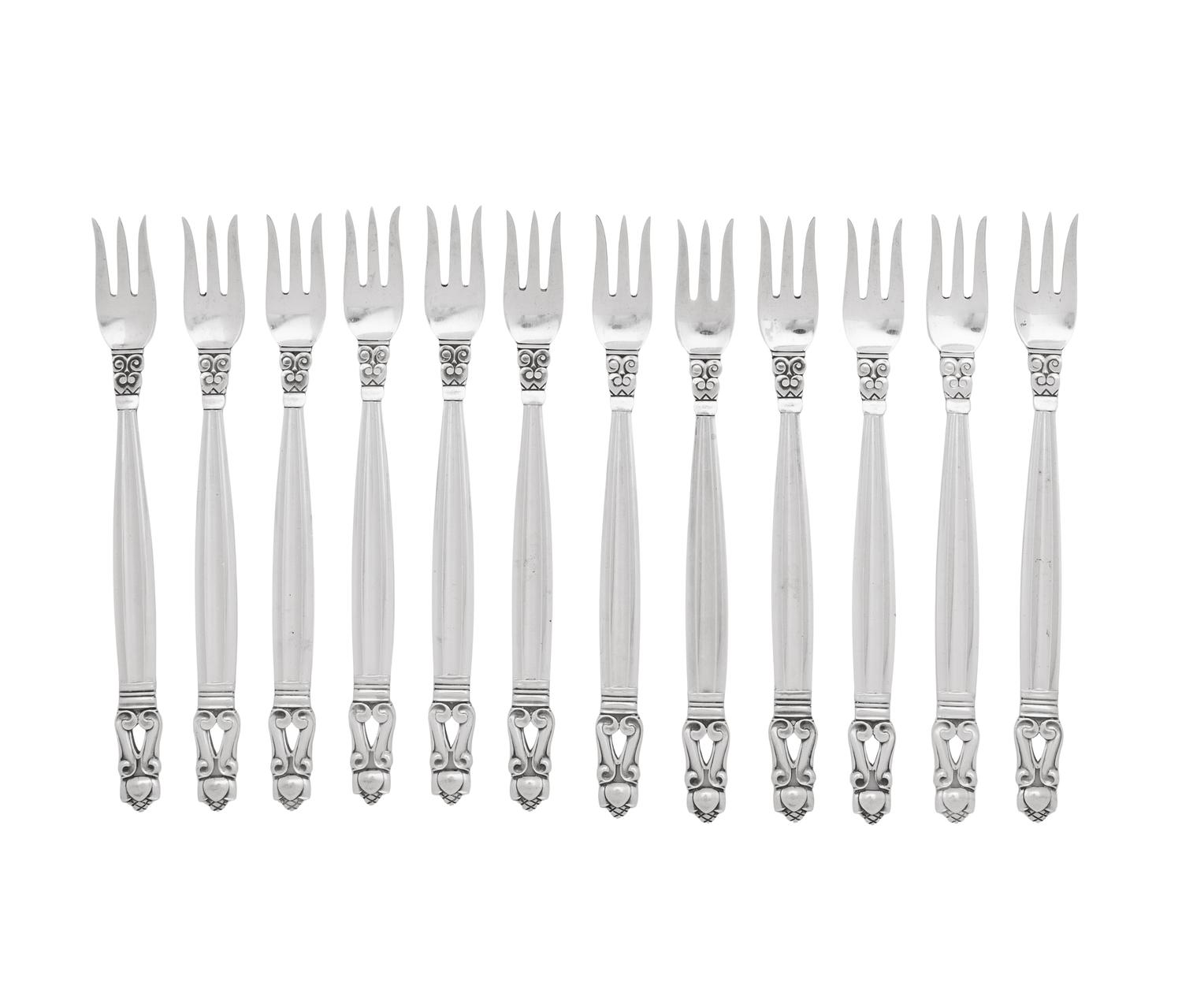 A Set of Twelve Georg Jensen Acorn Silver Cocktail Forks
