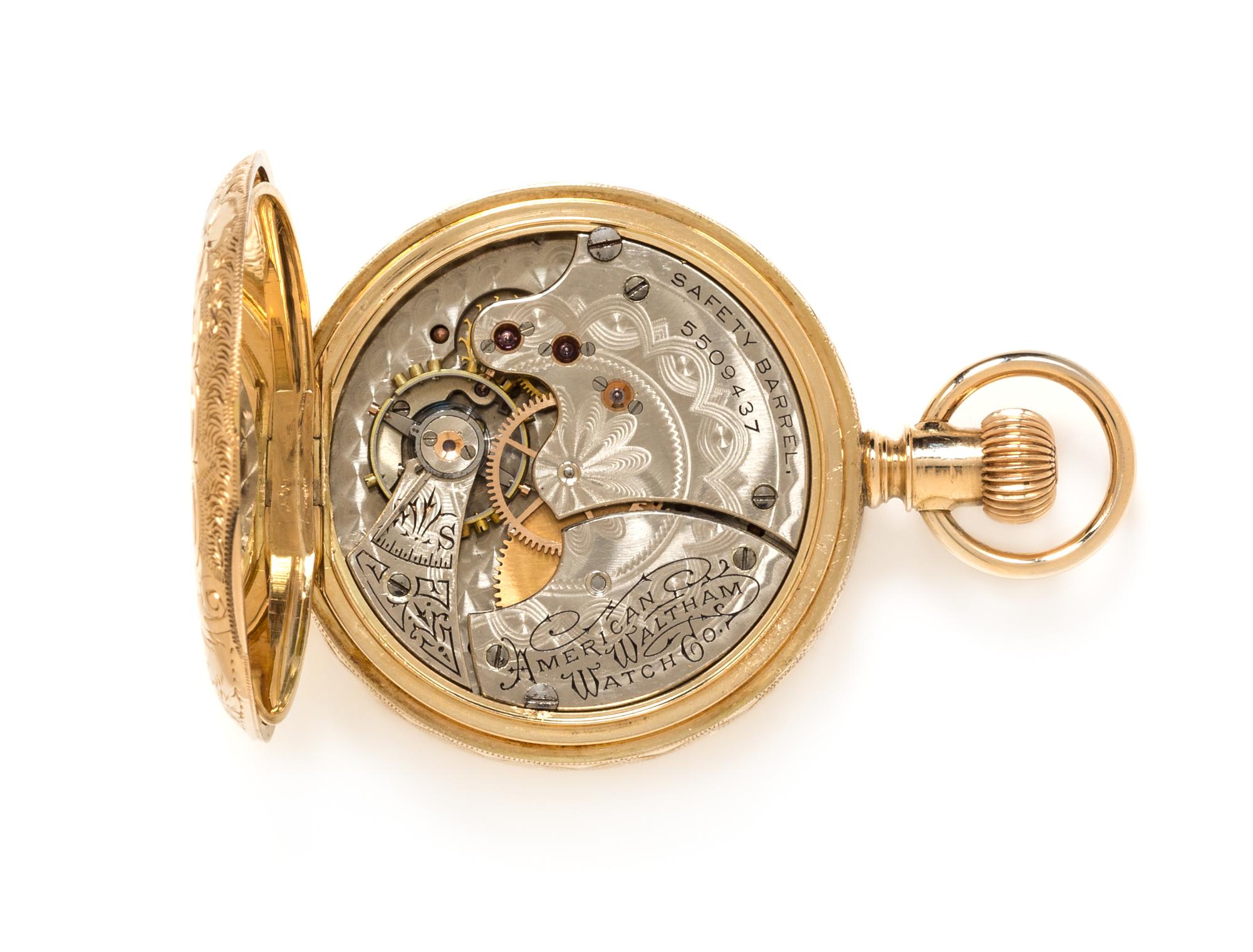 A 14 Karat Yellow Gold Hunter Case Pocket Watch, Waltham, Circa 1892, 33.80 dwts.