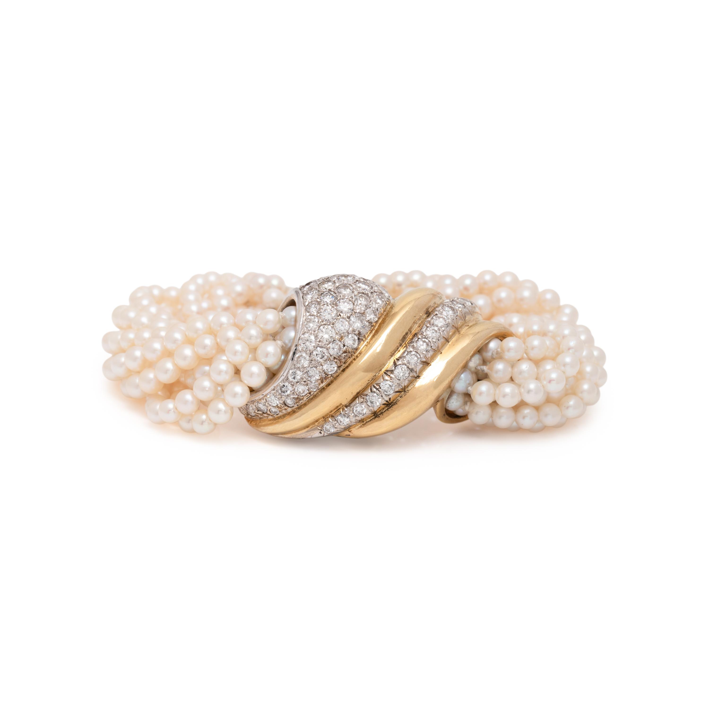 YELLOW GOLD, CULTURED PEARL, AND DIAMOND BRACELET
