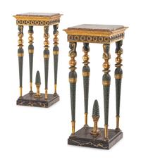 A Pair of Baltic Patinated Metal Mounted Painted and Parcel-Gilt Marble-Top Pedestals