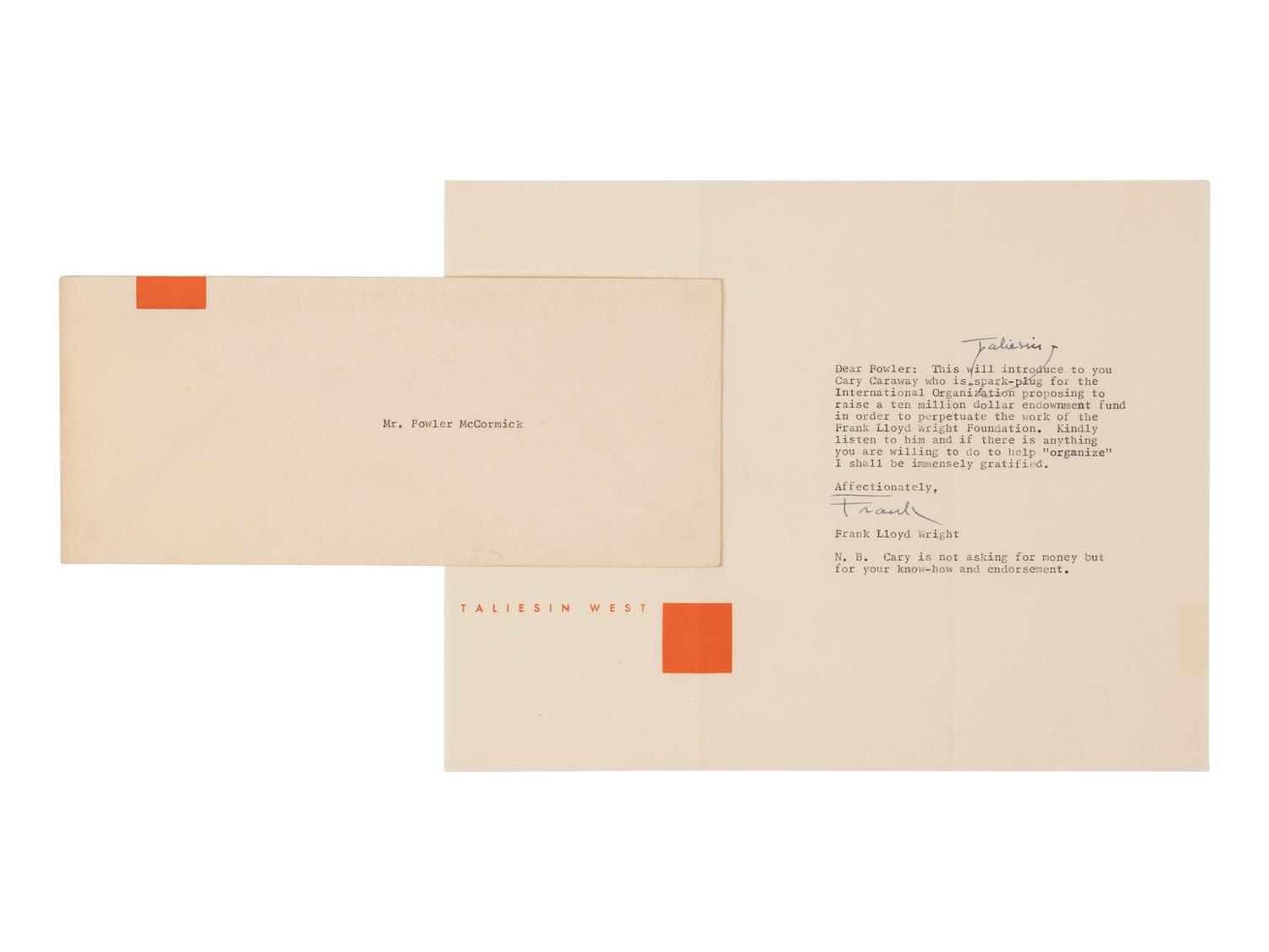 WRIGHT, Frank Lloyd (1869-1959). Three typed letters signed with a few hand-corrections ("Frank"), to Fowler McCormick, William Benton, and H. C. Price.