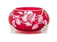 English, LATE 19TH CENTURY, a cameo glass footed bowl, of low form with rose and butterfly decoration, have three applied frosted feet