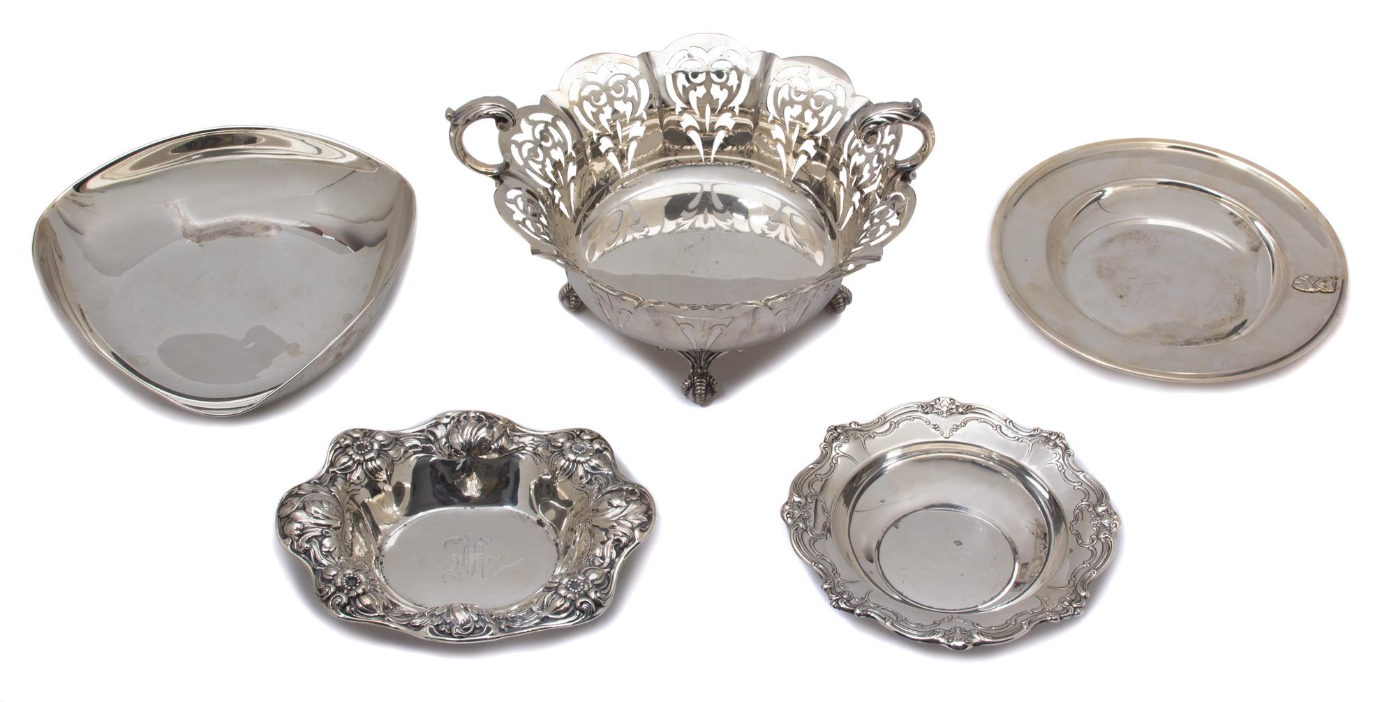 Five Miscellaneous Silver Articles, Various Makers and Countries of Origin, comprising two Gorham candy bowls, a South American triangu