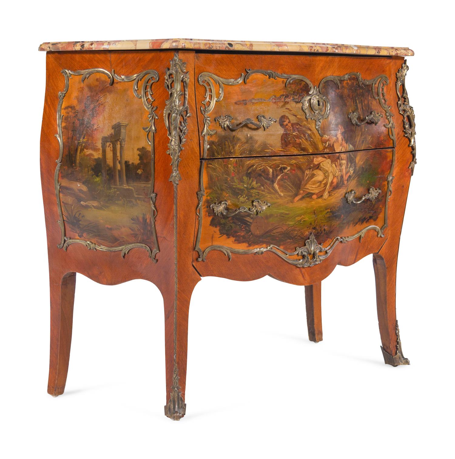 A Louis XV Style Gilt Bronze Mounted Vernis Martin Breche d'Alep Marble-Top Bombe Commode