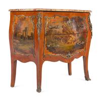 A Louis XV Style Gilt Bronze Mounted Vernis Martin Breche d'Alep Marble-Top Bombe Commode