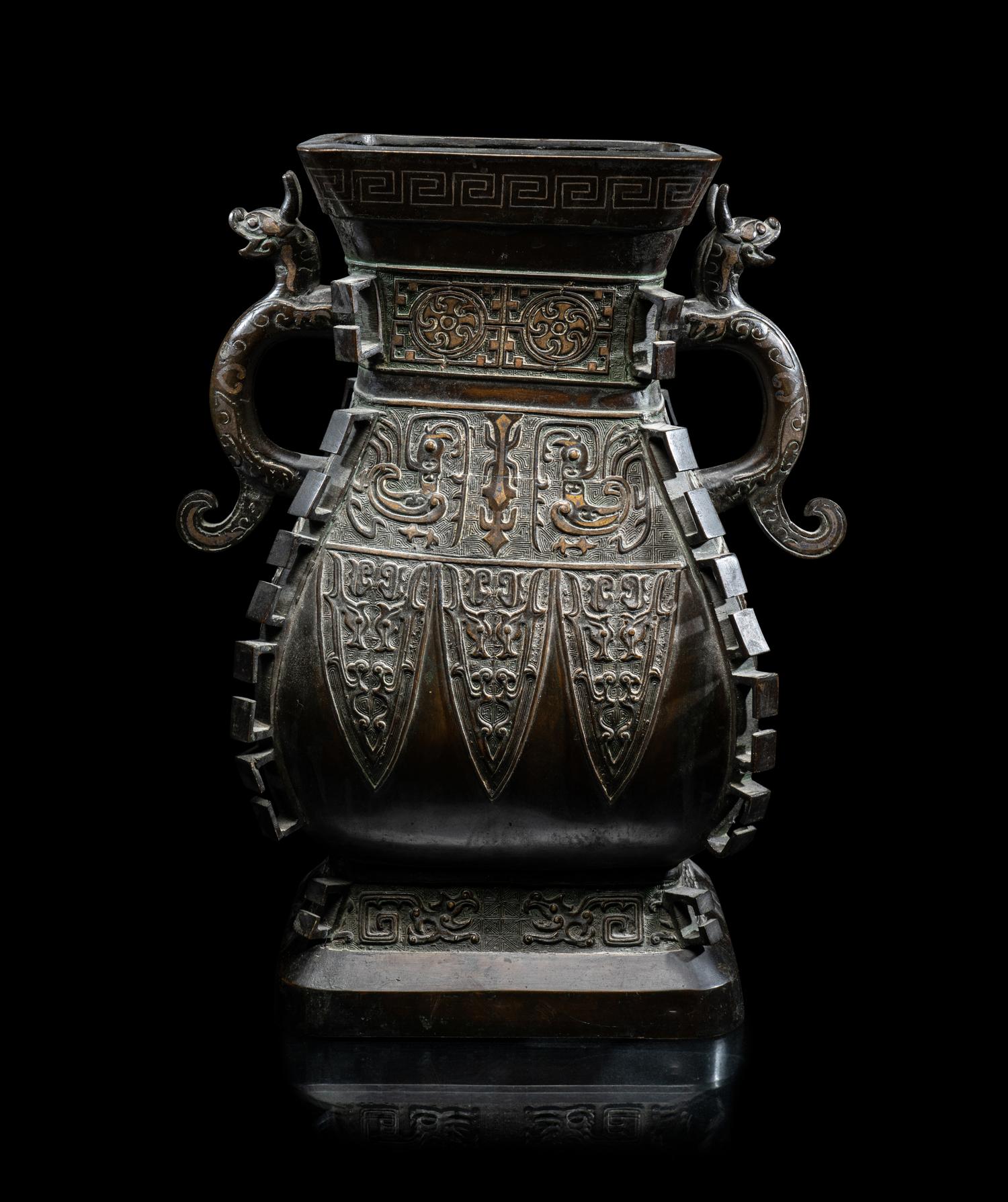 A Chinese Silver Inlaid and Parcel Gilt Archaistic Bronze Hu Vase