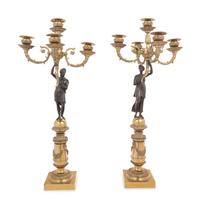 A Pair of Empire Style Gilt and Patinated Bronze Figural Five-Light Candelabra