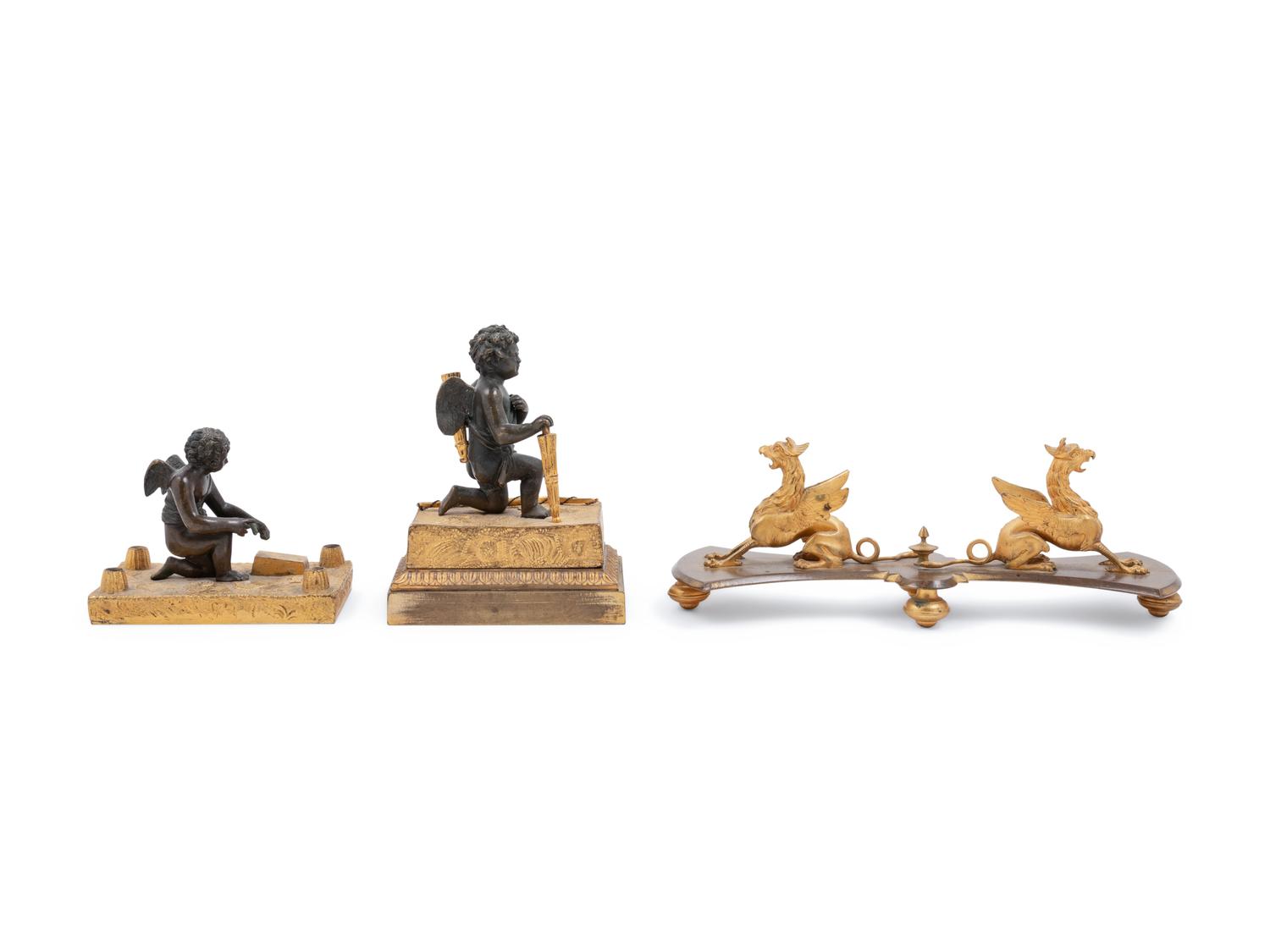 Two French Gilt and Patinated Bronze Inkstands