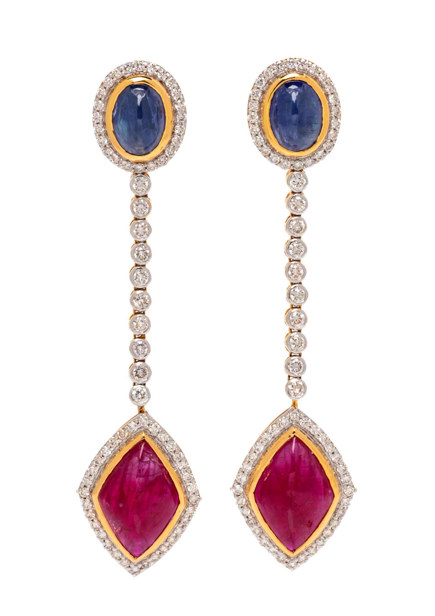 A Pair of 18 Karat Yellow Gold, Sapphire, Ruby and Diamond Convertible Drop Earrings, 13.95 dwts.