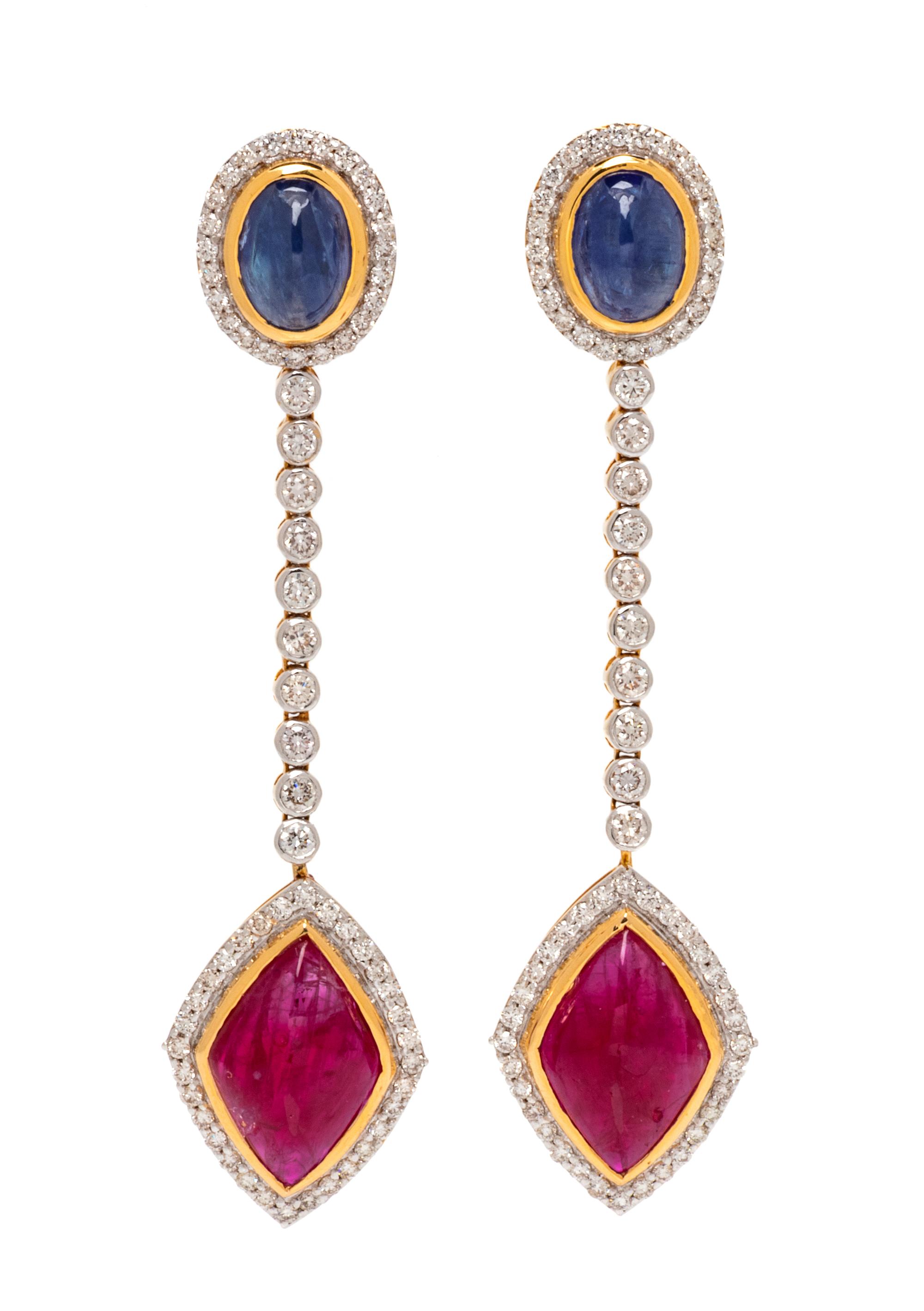 A Pair of 18 Karat Yellow Gold, Sapphire, Ruby and Diamond Convertible Drop Earrings, 13.95 dwts.
