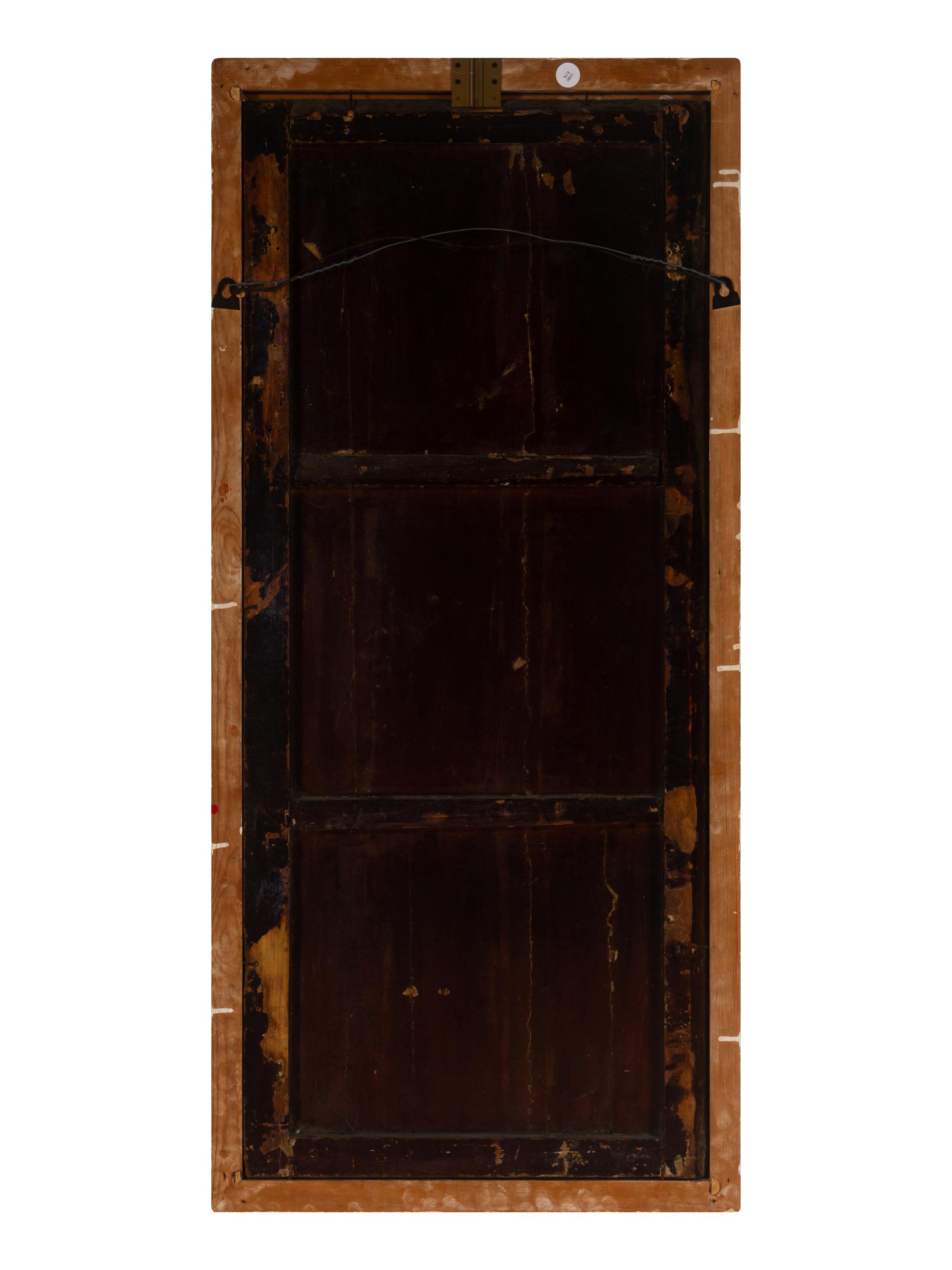 Four Chinese Gilt-Framed Black and Polychrome Lacquer Panels
