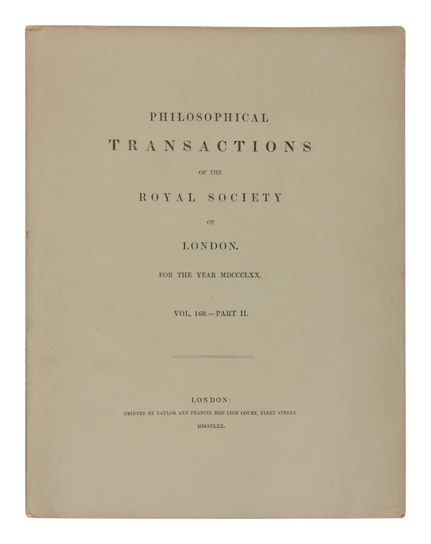 JEVONS, William Stanley (1835-1882). "On the Mechanical Performance of Logical Inference." In: Philosophical Transactions of the Royal Society of London, vol. 160, part II, pp. 497-518. London: Taylor and Francis,1870.