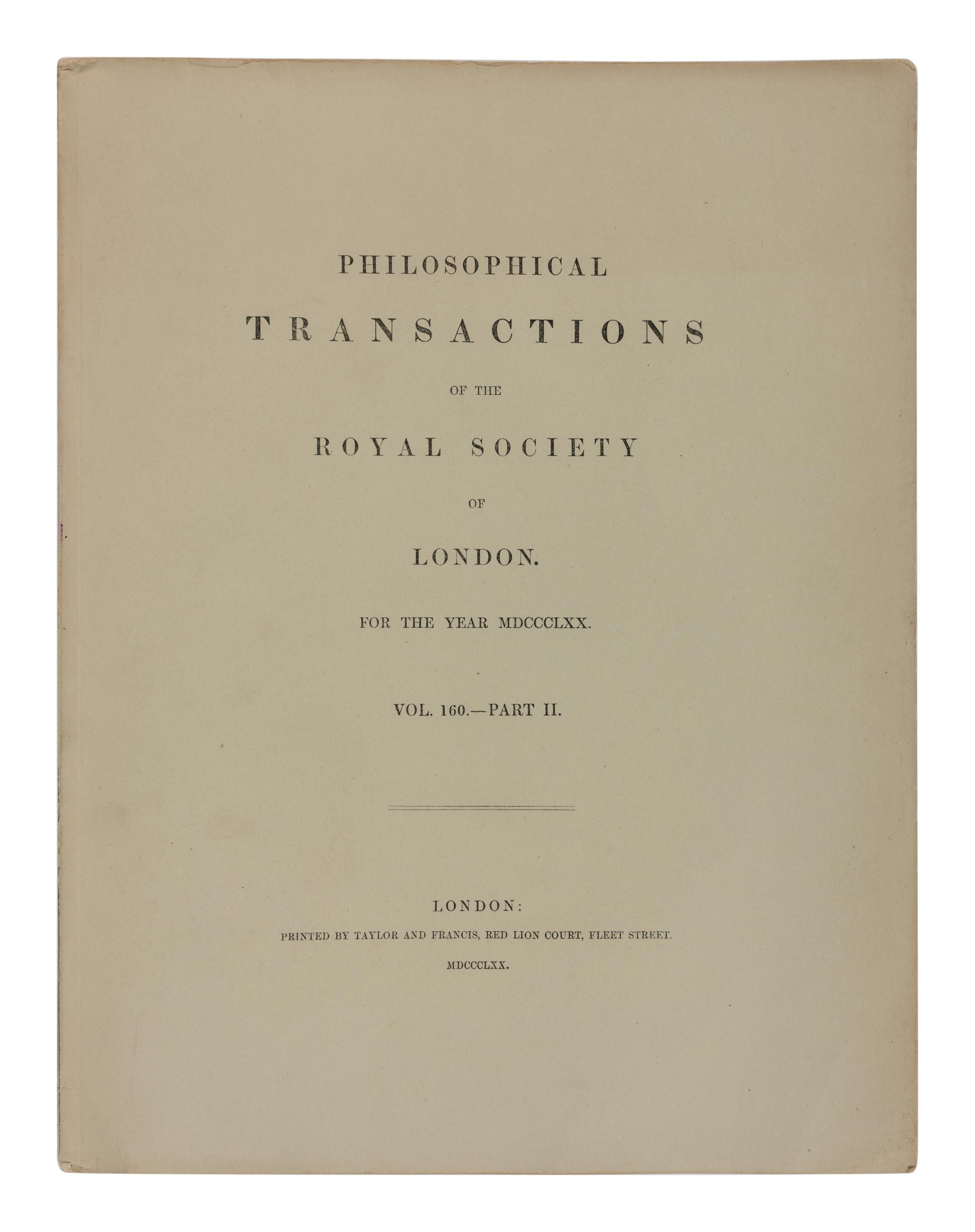 JEVONS, William Stanley (1835-1882). "On the Mechanical Performance of Logical Inference." In: Philosophical Transactions of the Royal Society of London, vol. 160, part II, pp. 497-518. London: Taylor and Francis,1870.